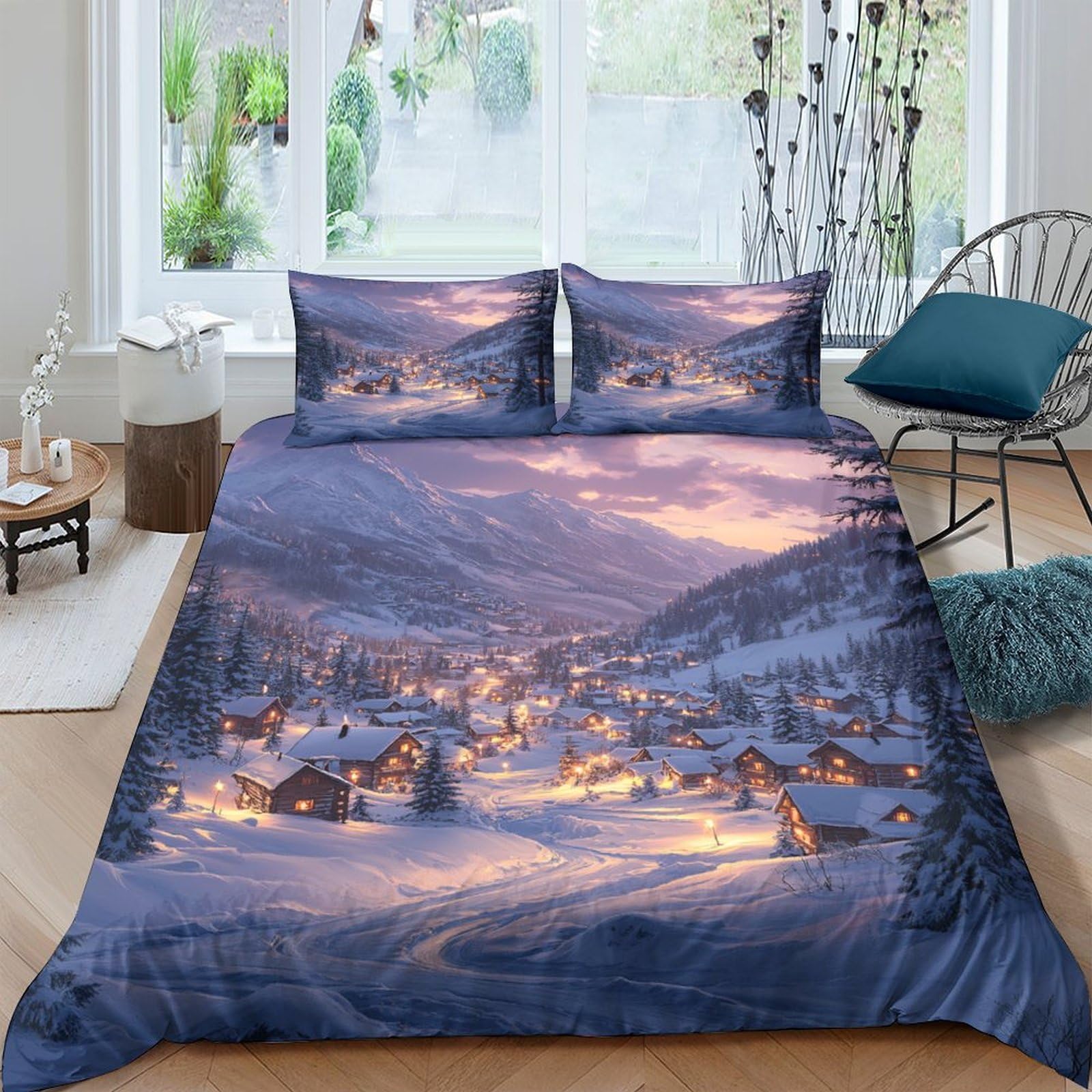 Ctjqhvkz Style-1 3D Printed Winter Village Fitted Sheet Microfiber Soft Cozy Snowy Landscape Mattress Cover For Bedroom Guest Room Decor Single（135X200cm）