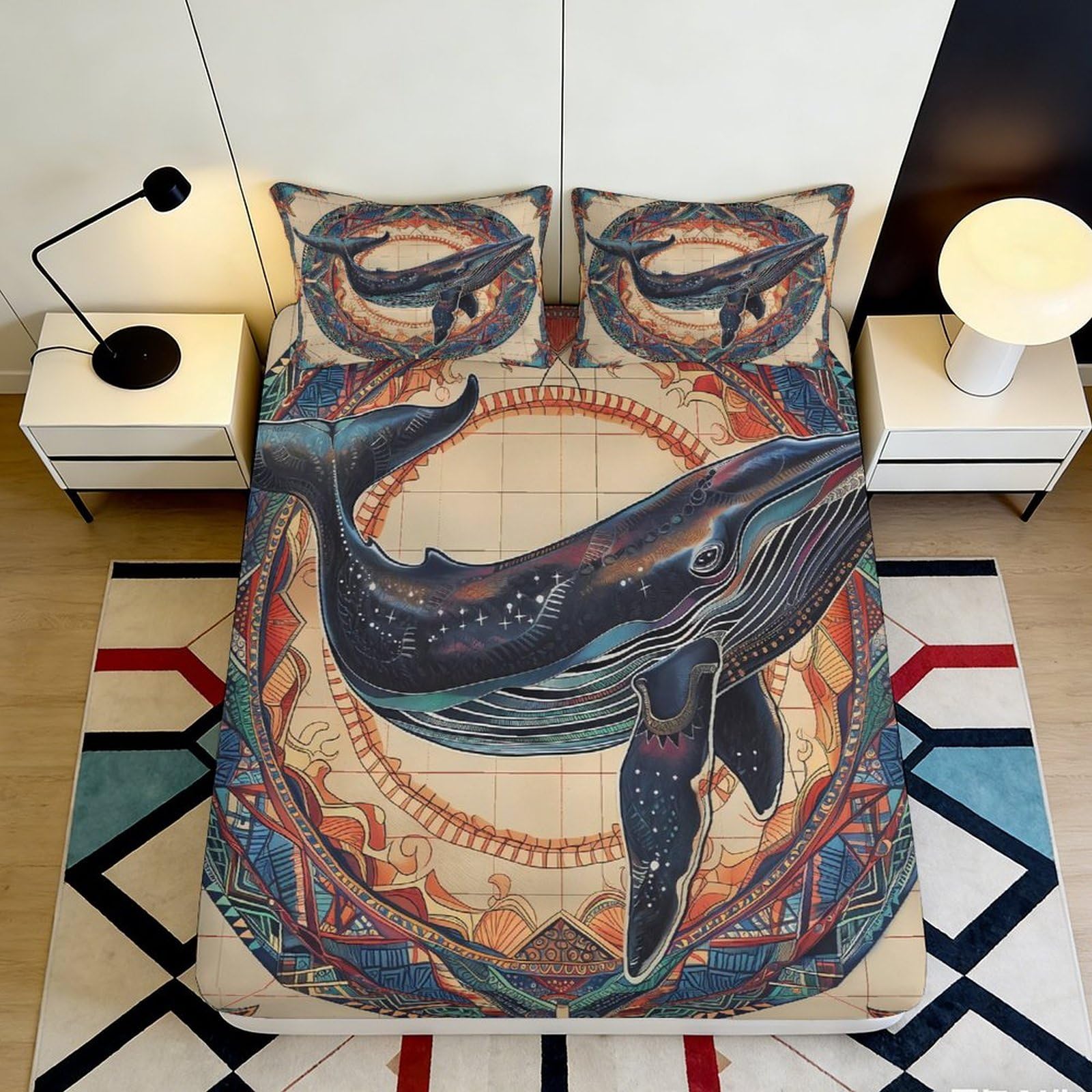 3D Printed Artistic Whale Fitted Sheet Microfiber Non-Slip Ocean Mandala Mattress Cover for Bedroom Guest Room Decor 200x200x25cm
