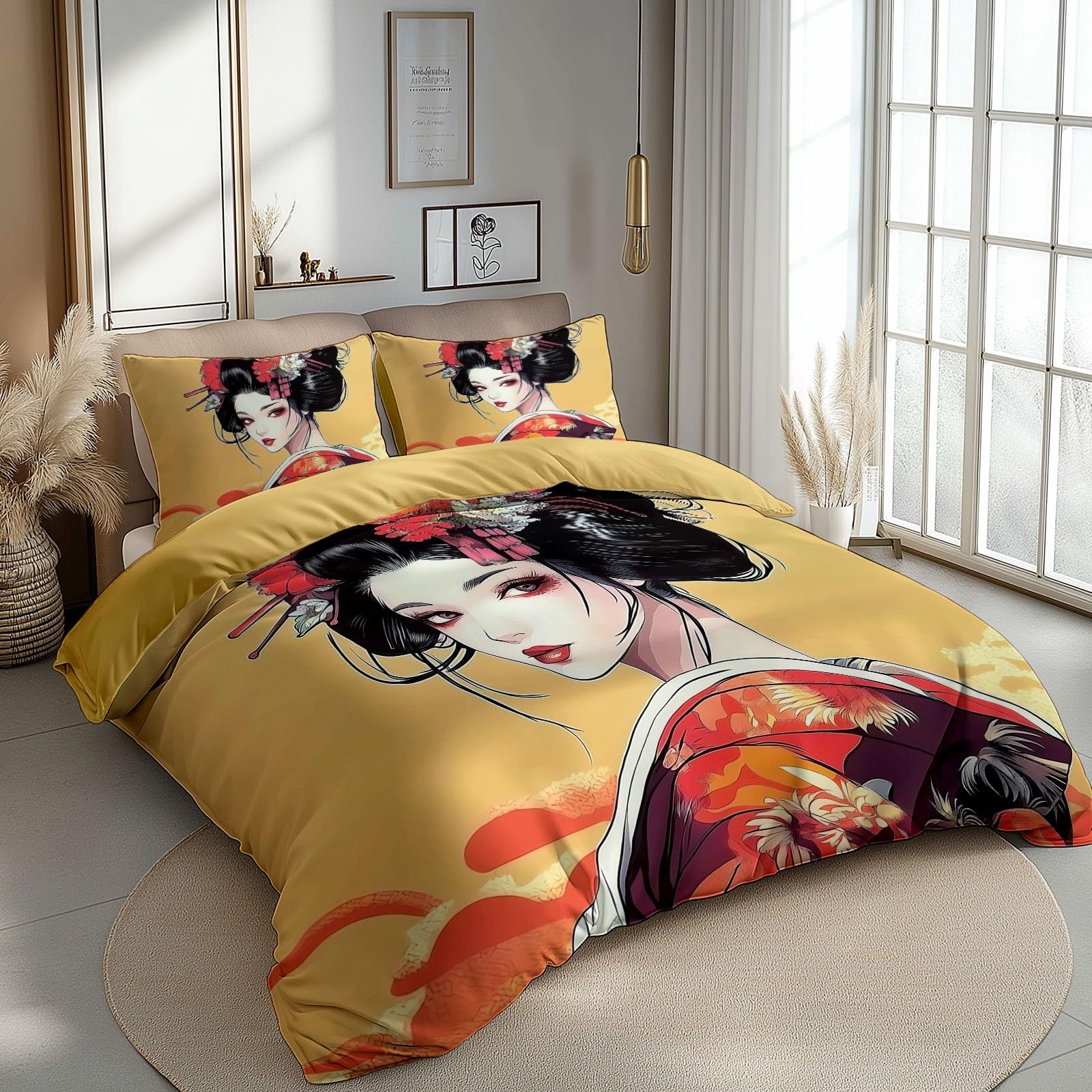 Japoński zestaw poszewek na kołdrę Geisha Kimono Yellow, 180 x 220 cm 100% szczotkowana bawełna zestaw poszewek na kołdrę, 3-częściowy zestaw poszewek na poduszki, zapięcie na zamek błyskawiczny