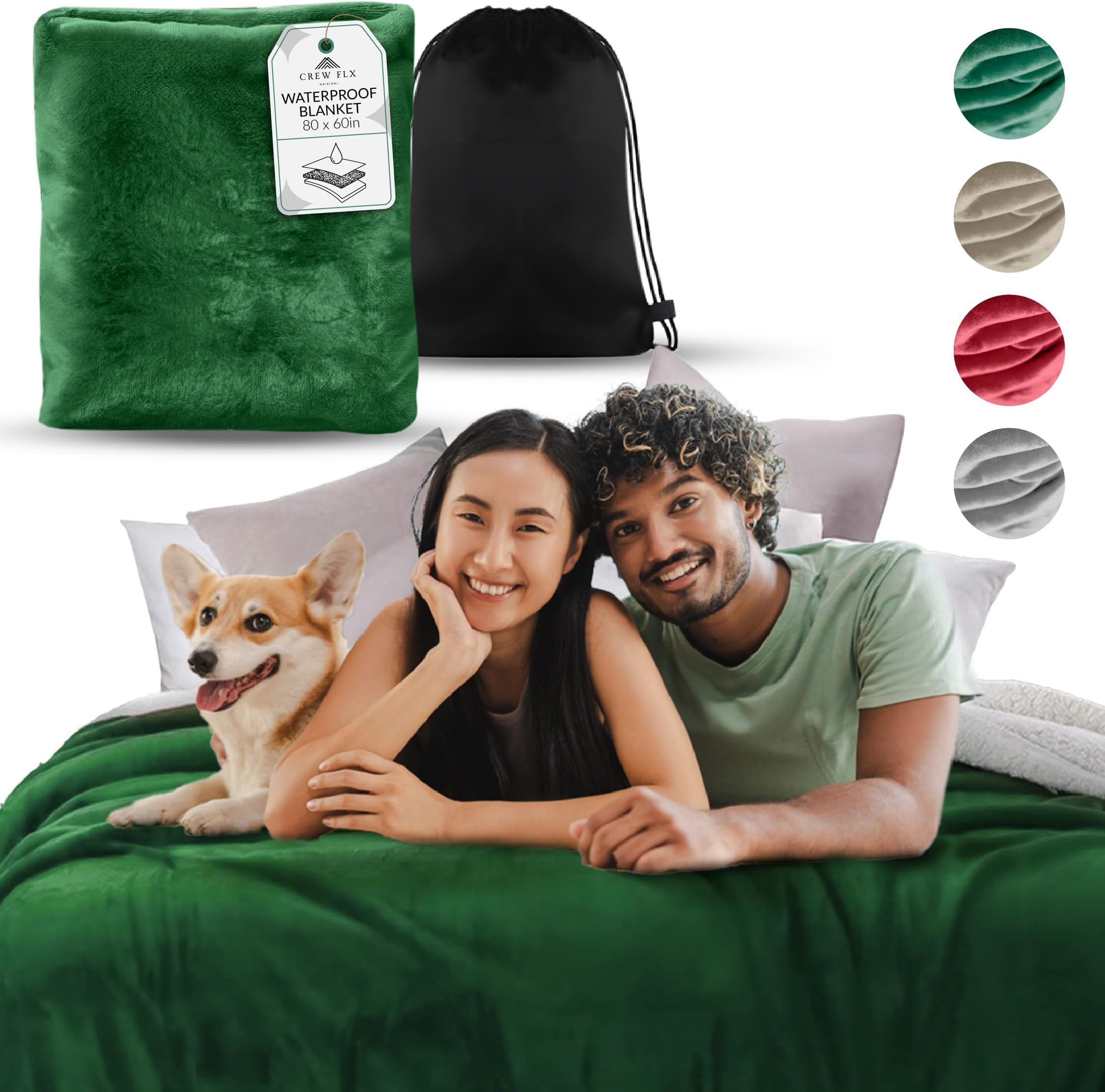 CREW FLX Waterproof Blanket for Bed Intimacy, 3 Layer Lightweight and Stain Proof Couples Blanket Waterproof Love Blankets Waterproof Pee Proof Couch Cover with Bag, Machine Washable (Green, 80x60)