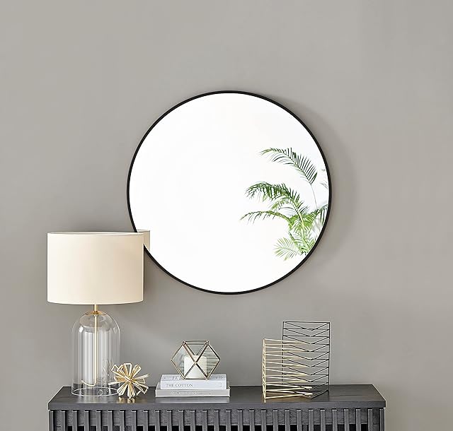 Furniturebox UK Emma Large 80cm Round Black Metal Wall Mirror, Living Room, Hallway, Dining Room Mirror - Stylish, Modern Circle Mirror