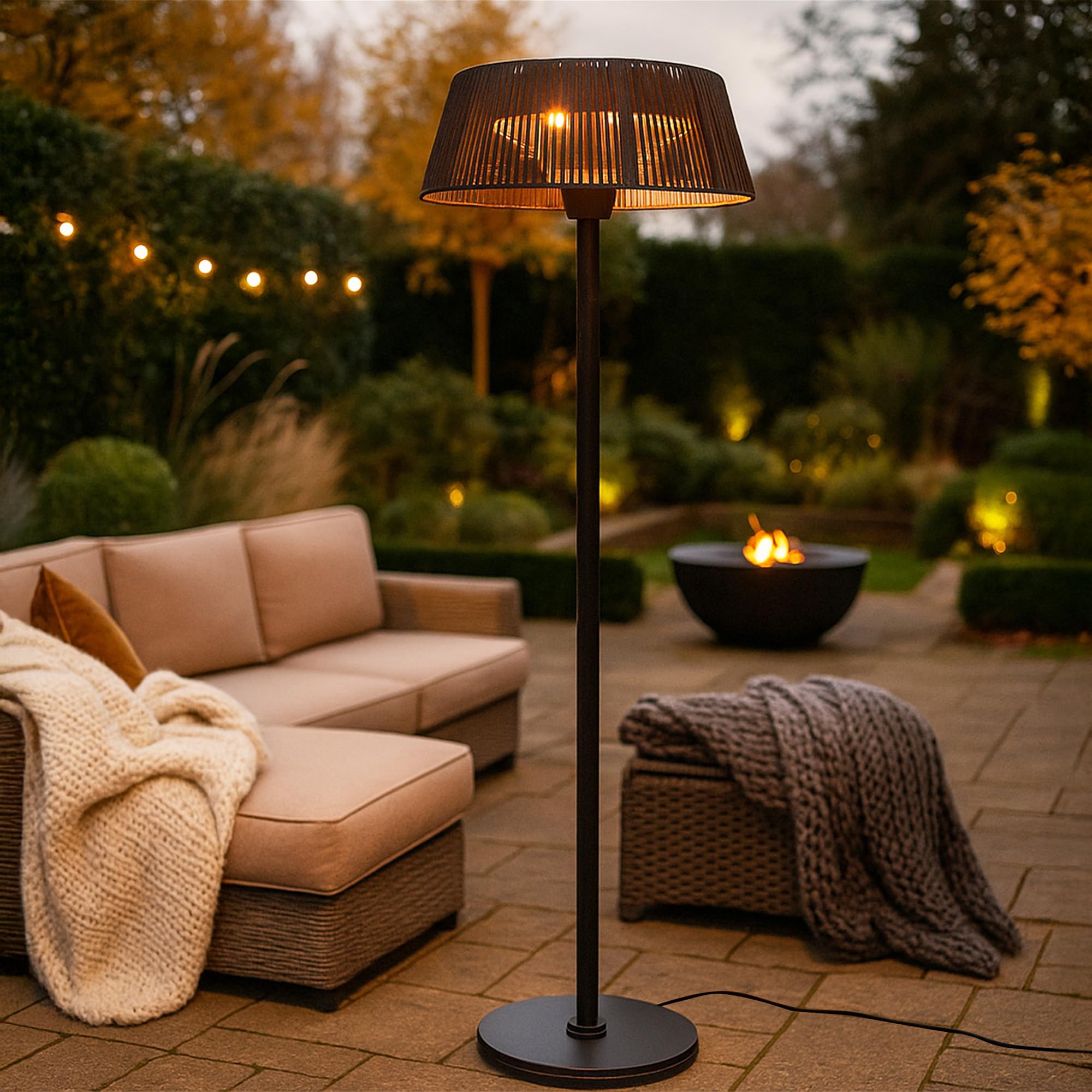 JSH Caldo/Solara Floor Standing Outdoor Electric Patio Heater | 3 Heat Settings 800/1200/2000W | Large Stylish Modern 60cm Lampshade Design | Portable Garden Space Halogen Heating (Solara)