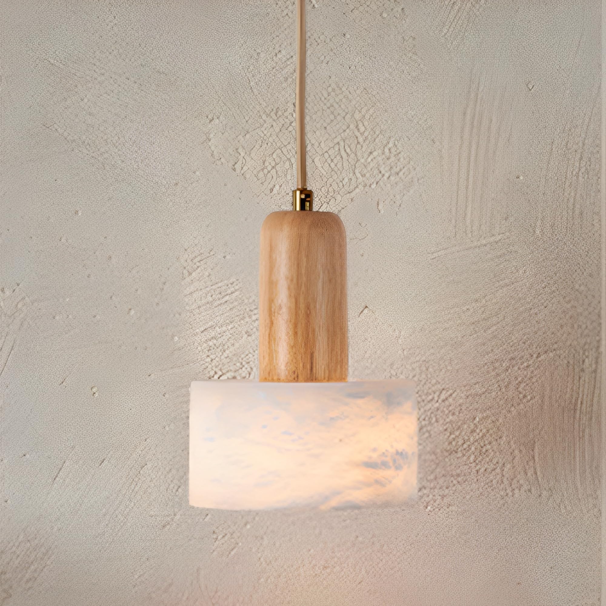 KBUUKYYXouy White Marble Pendant Light for Kitchen Island Mini Alabaster Hanging Lighting with Wood Decor Height Adjustable Stone for Living Room Dining Hallway(12CM)