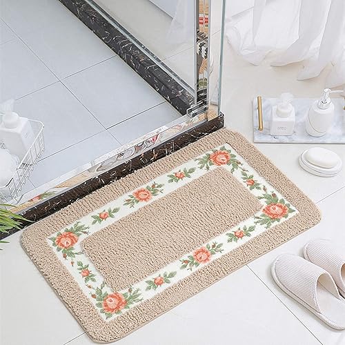 Miniatura 4 de UKELER Juego de 2 alfombras de baño de rosas florales antideslizantes, suaves y peludas en forma de U, para baño, moca