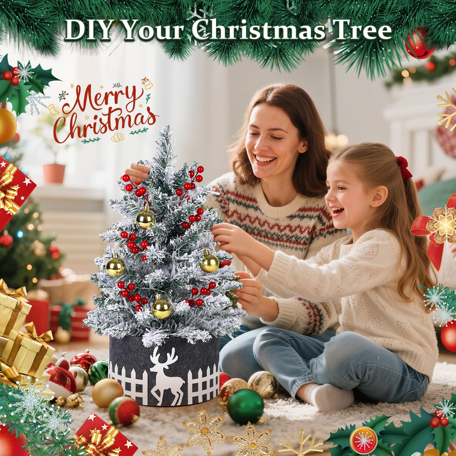 Sapin de Noël Neige Artificiel 60cm avec Lumières LED, Sapin Enneigé Flocké Blanc avec Décorations (Boules, Baies, Jupe), Petit Sapin de Noël pour Table et Bureau, Décoration d'Intérieur Maison Cadeau