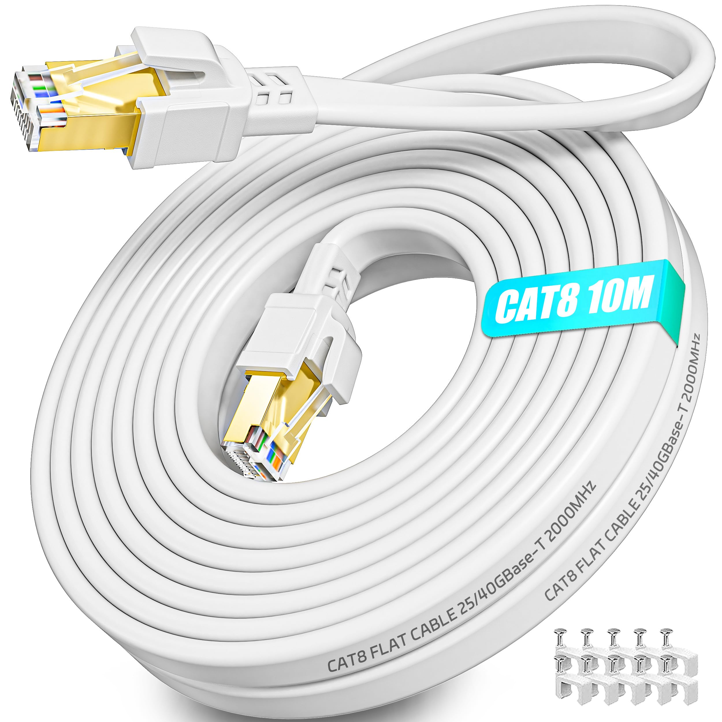 Soibke LAN Kabel 10 Meter Cat 8, Netzwerkkabel 10m Flach 40Gbps Hochgeschwindigkeits Ethernet Kabel Geschirmt 2000MHz Internetkabel 10m Weiß RJ45 Gigabit Patchkabel für Modem Router Switch