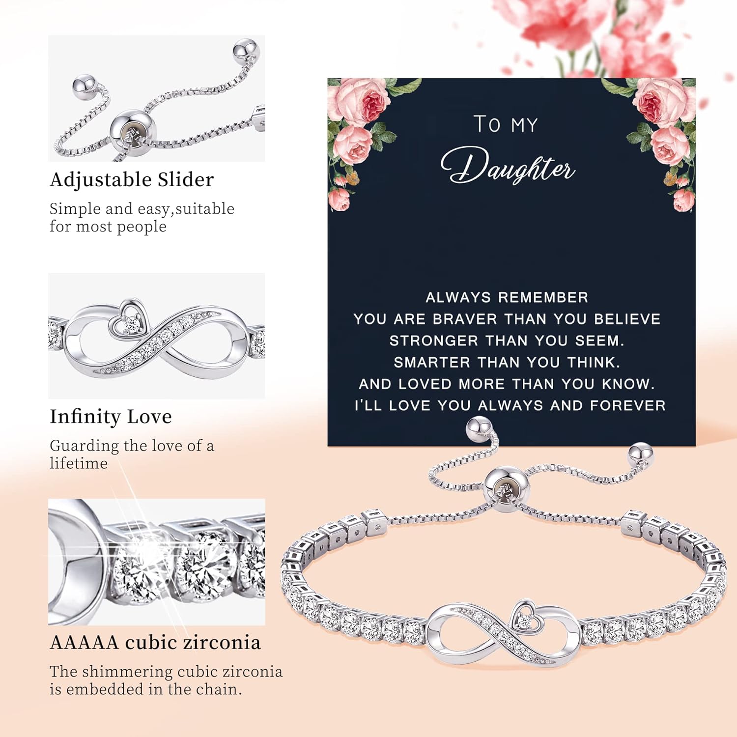 Valentines Day Gifts for Her, Infinity Bracelets for Women Teen Girl Gifts Trendy Stuff Easter Basket Stuffers Birthday Gifts for Mom Daughter Sister Adjustable Heart Rose Cross Tennis Bracelets Graduation Anniversary Jewelry - Image 4