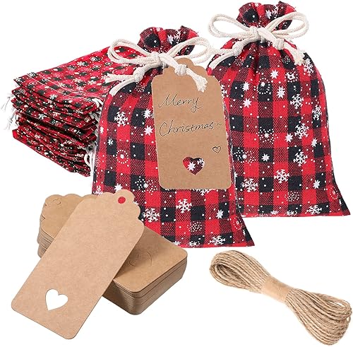 Vista 37 de Shappy 24 bolsas de regalo de Navidad con cordón, bolsas de Adviento de arpillera a cuadros de Navidad, 7 x 5 pulgadas, bolsa de lino para dulces