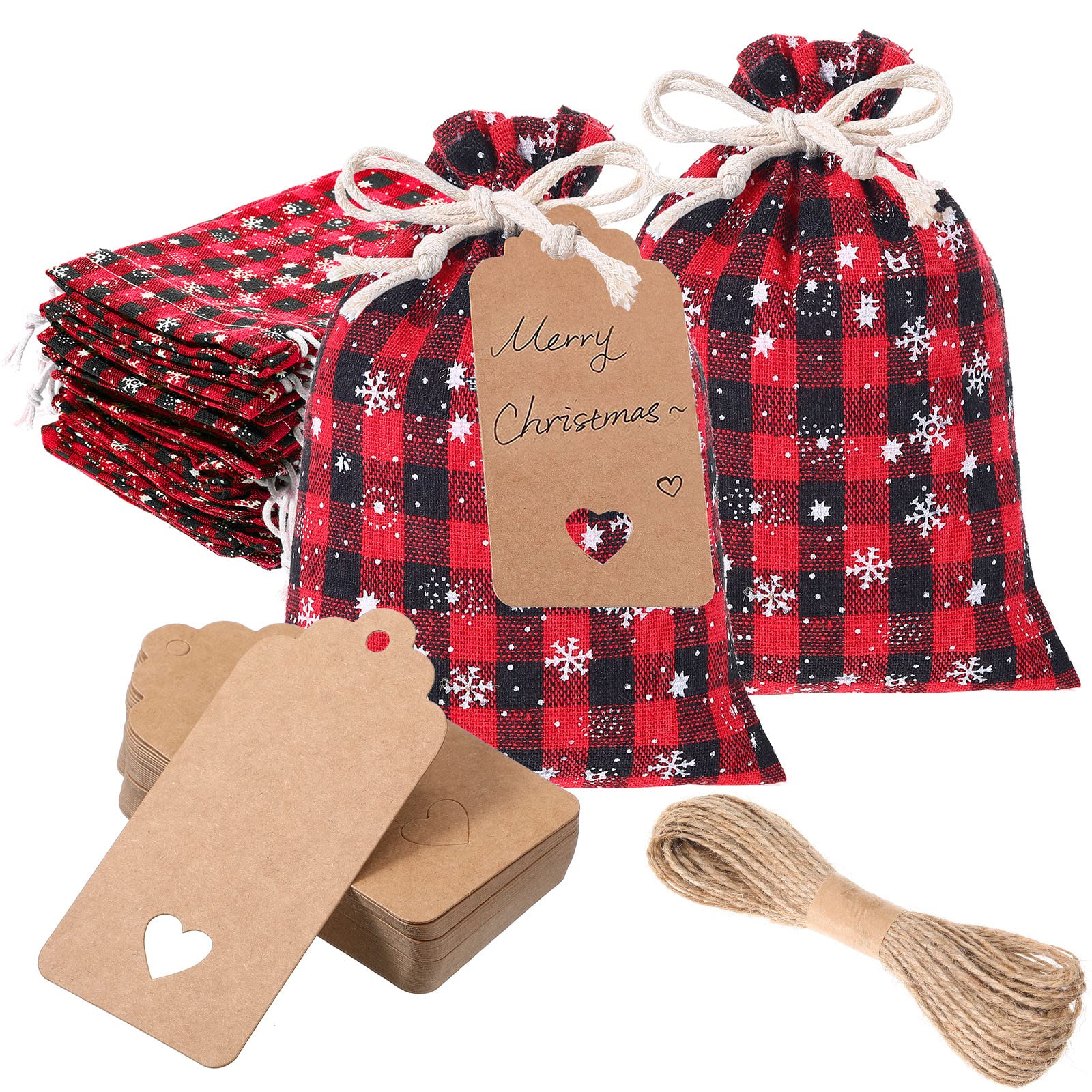 Shappy 24 Pcs Christmas Drawstring Bags Xmas Buffalo Plaid Burlap Candy Bags Linen Treat Bags with 3.28 ft Rope 24 Card (Black Red Snowflake, 5.5 x 4 inches)