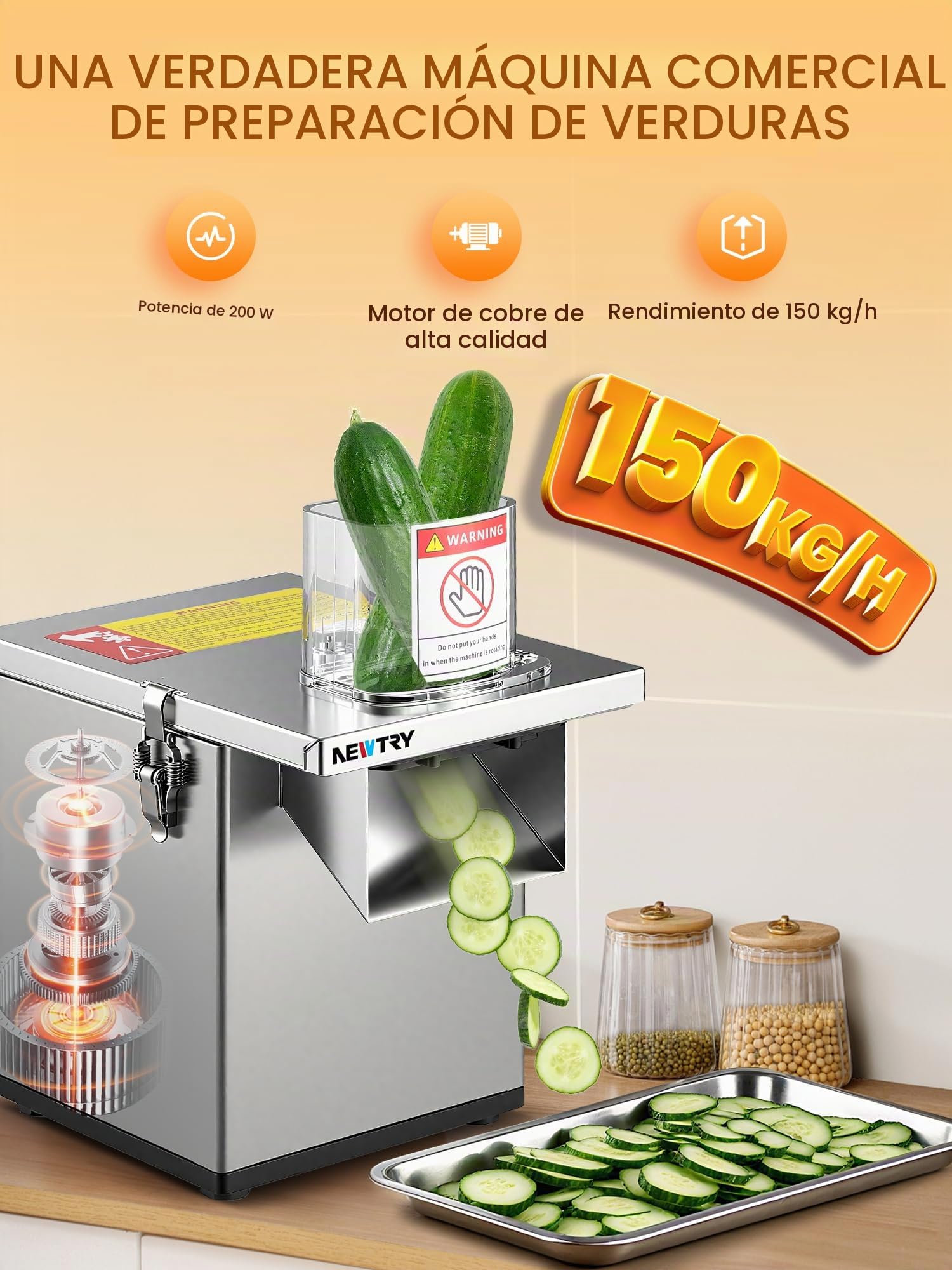 NEWTRY Cortadora verduras eléctrica 200W 3-en-1 Gastro Acero corte | Motor potente, 150kg/h, corte en dados, rallador, alta eficiencia, duradero, versátil para restaurantes, cantinas, catering