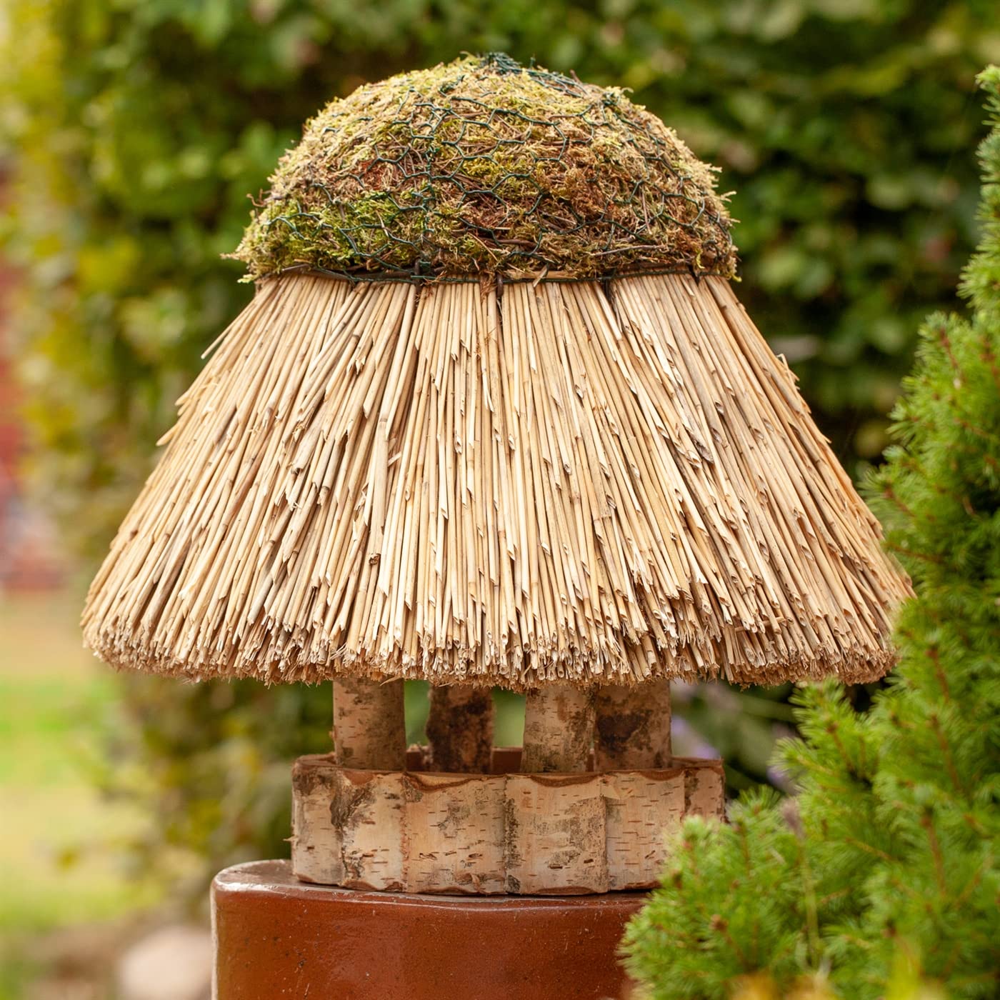 VOSS.garden Vogelhäuschen Amrum mit Reetdach, Naturbelassene Birke 23cm große Futterplatte, Vogelhaus Futterstation Naturbelassene Vogelfutterstation