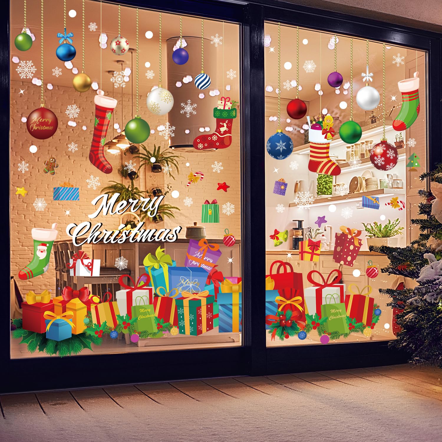 Quera Christmas Window Clings Christmas Ball Snowflake Gift Box Dot Static Window Stickers for Xmas Holiday Window Decorations Decal Home Party Ornaments, 11.8 