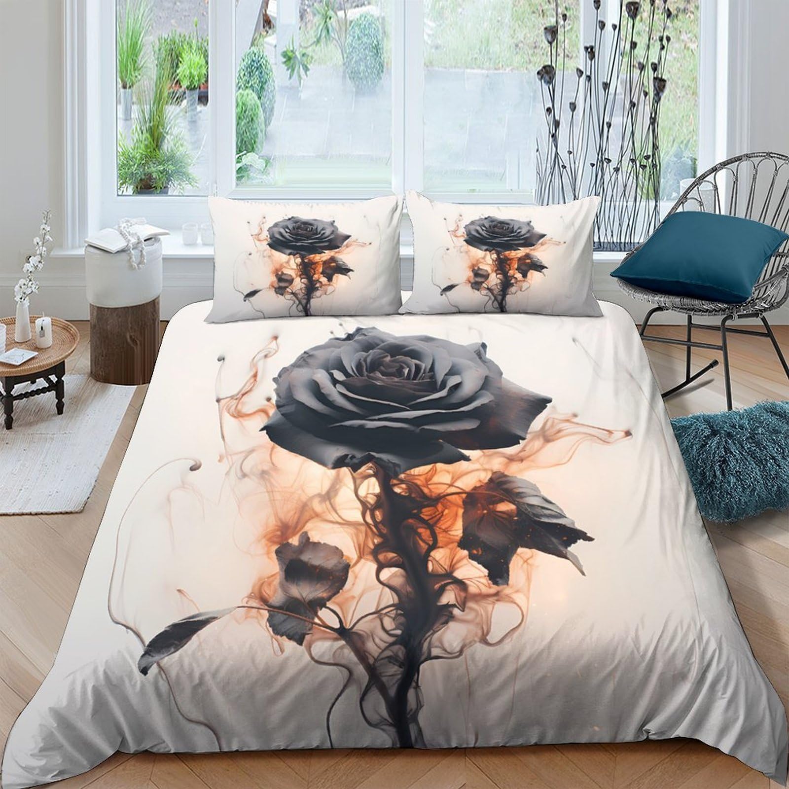Ctjqhvkz Style-9 3D Printed Black Rose Fitted Sheet Microfiber Unique Art Smoke Pattern Mattress Cover For Bedroom Guest Room Decor Single（135X200cm）
