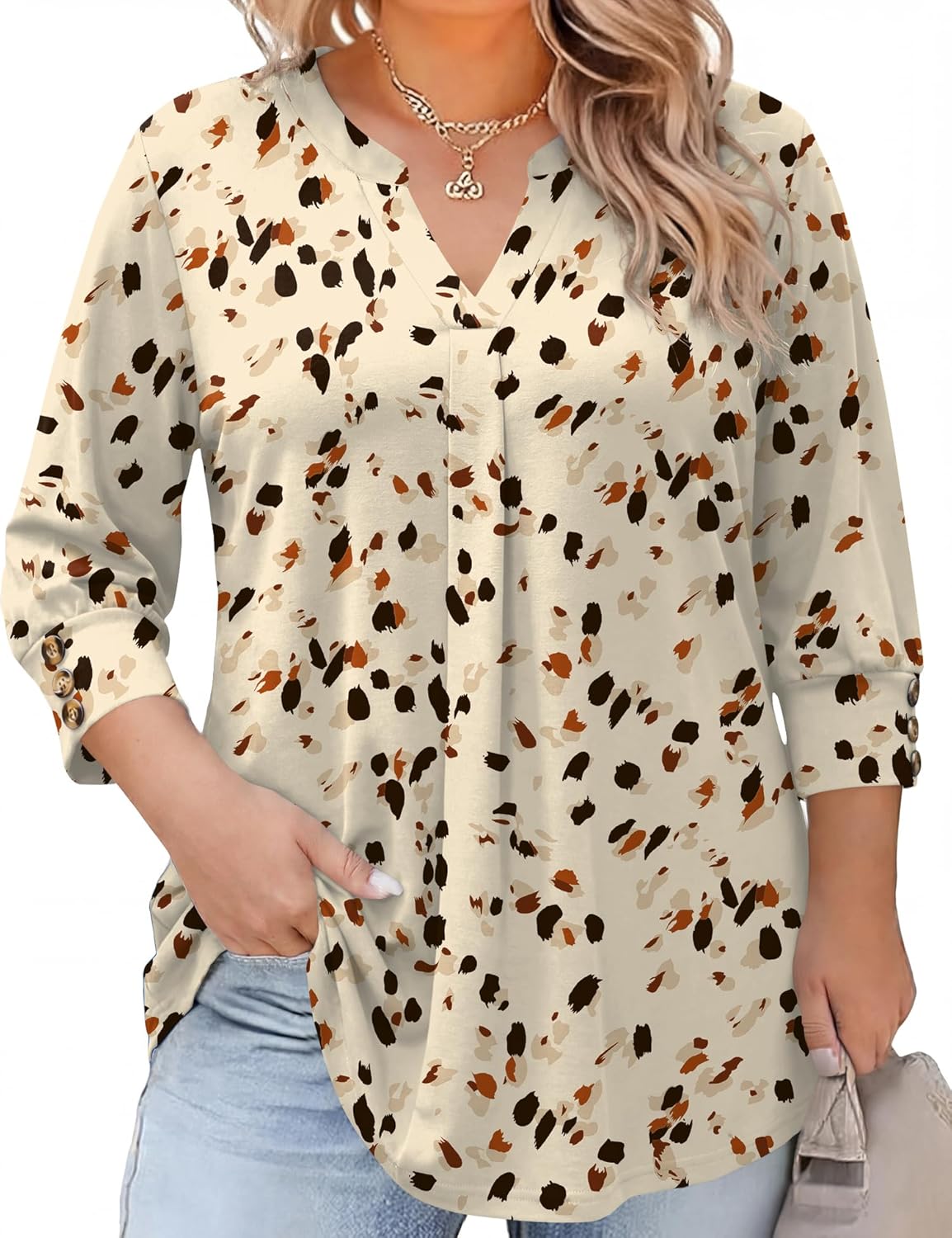 TFSDOD Plus Size Women Blouses V Neck T Shirts 3/4 Length Sleeve Womens Tops Casual Pleated Tunic Plus Size Fashion Clothing 4X