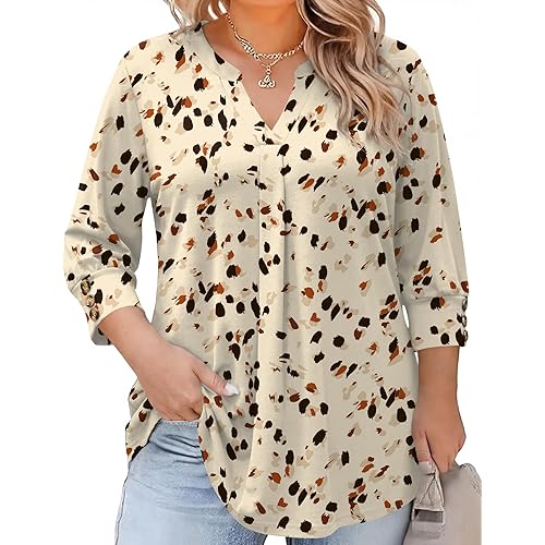 TFSDOD Womens Plus Size Tops 3/4 Length Sleeve Womens Tops V Neck Blouses Pleated Tunic Plus Size Fashion (1X-5X)