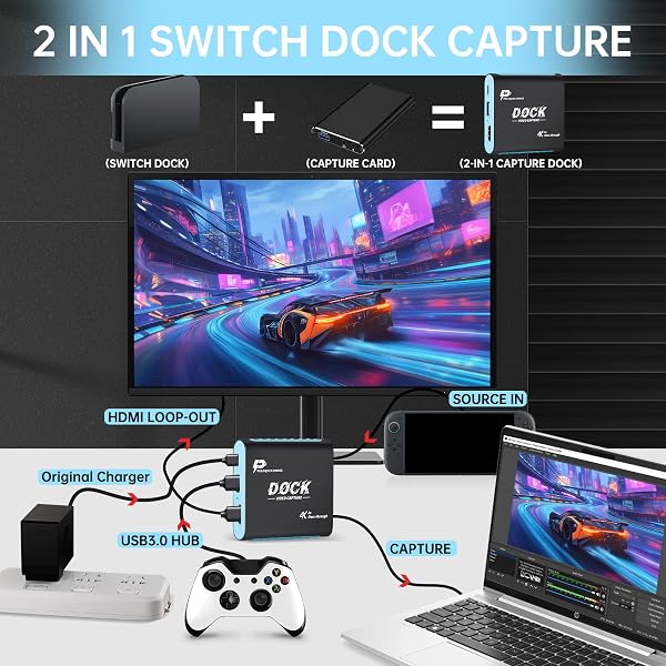 2-in-1 Switch 2 Dock with Capture Card for Nintendo Switch 2, Switch 1, OLED, Steam Deck, 1080P 60Hz for Streaming and Recording, Portable Travel Dock, 4K 30Hz HDMI Pass-Through, 100W PD Charging - 2