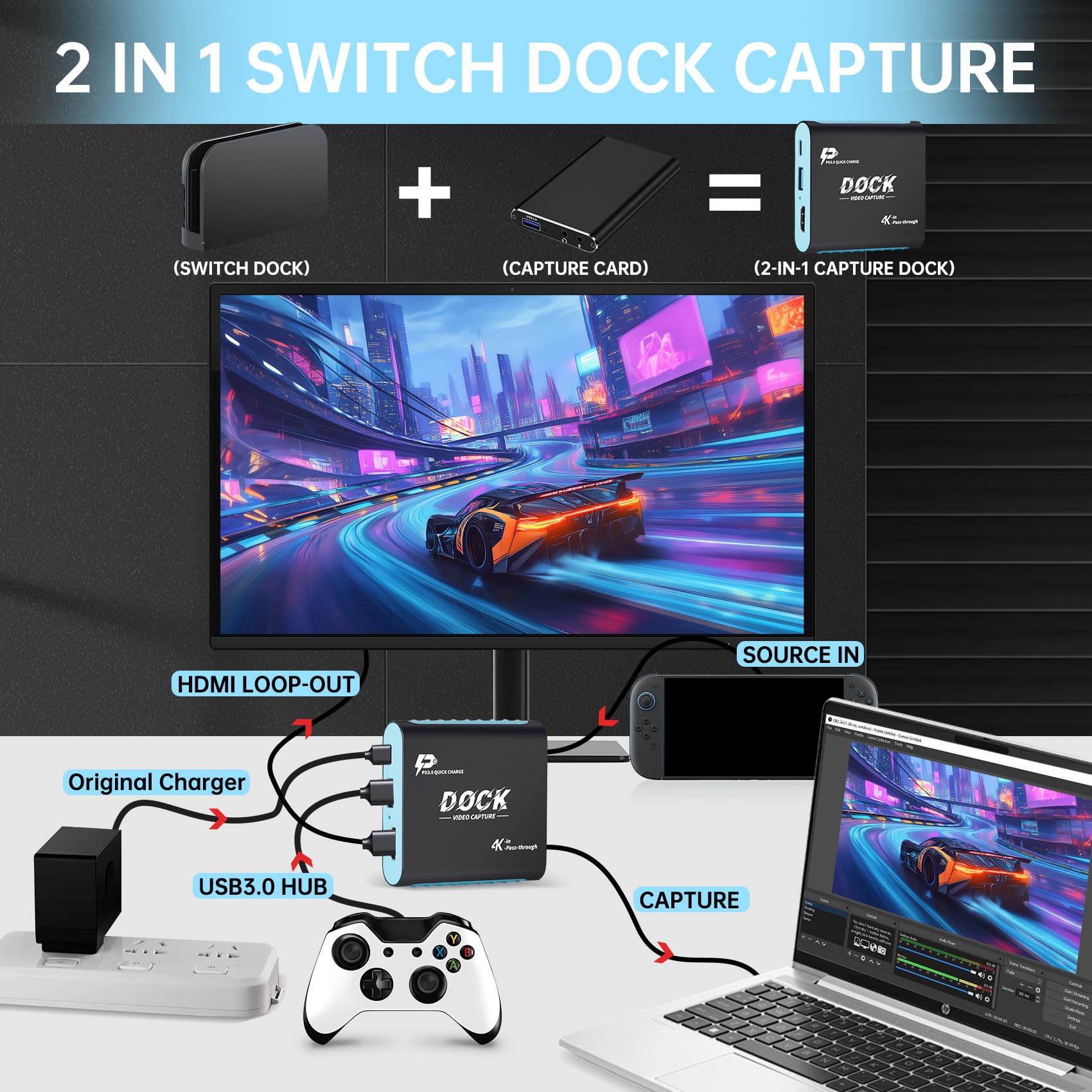 Docking station e acquisizione 2 in 1 per Nintendo Switch 2/Switch/Steam Deck-1080P 60Hz, USB3.0, docking station HDMI 4K con ricarica USB-C PD 100W | Dock da viaggio portatile per streaming di giochi