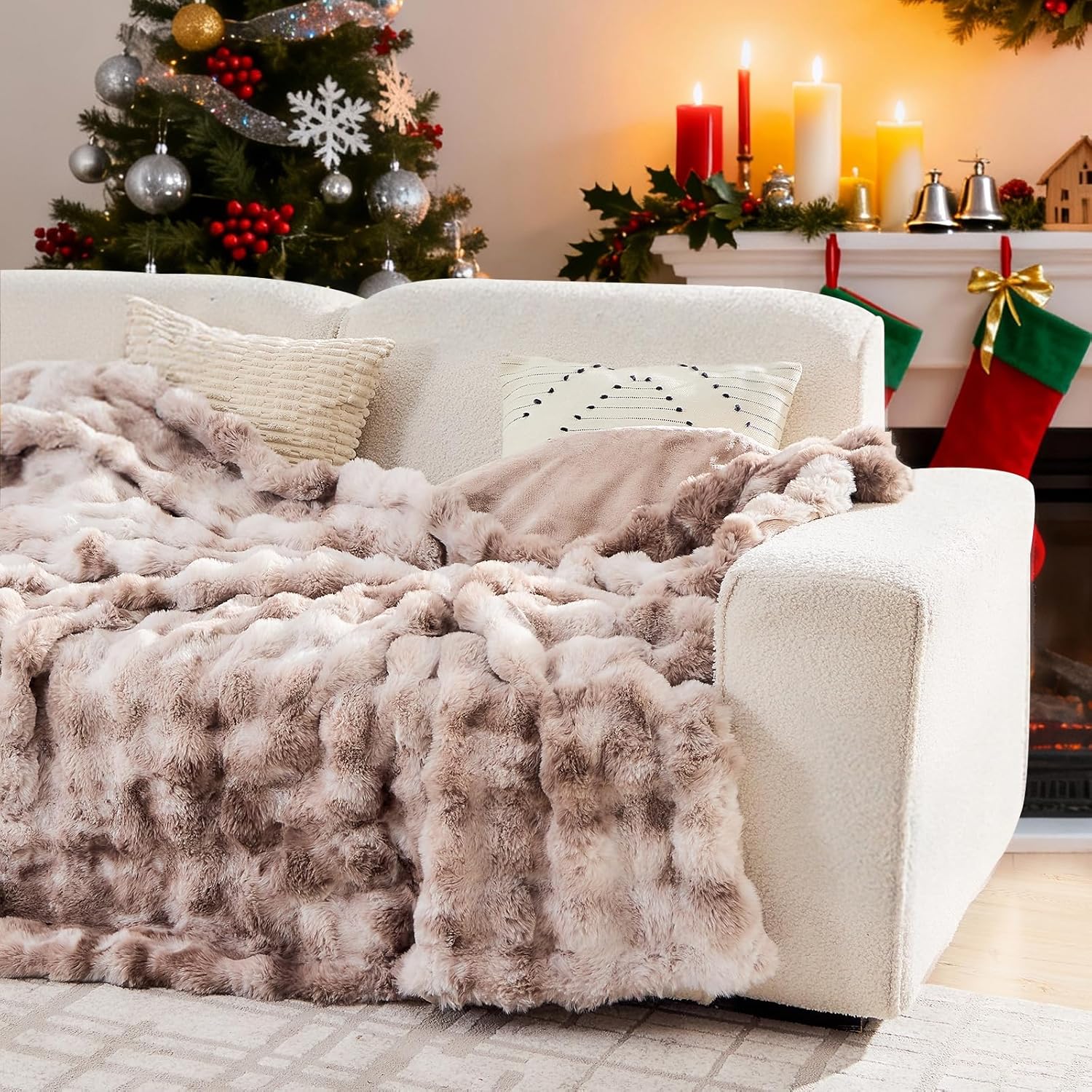lotus karen faux fur throw blanket tie-dye beige - big bubble rabbit fluff blanket for couch, small fluffy fuzzy cozy blankets,thick furry plush shaggy blankets,60x80 inches tie-dye beige twin (60" x 80")