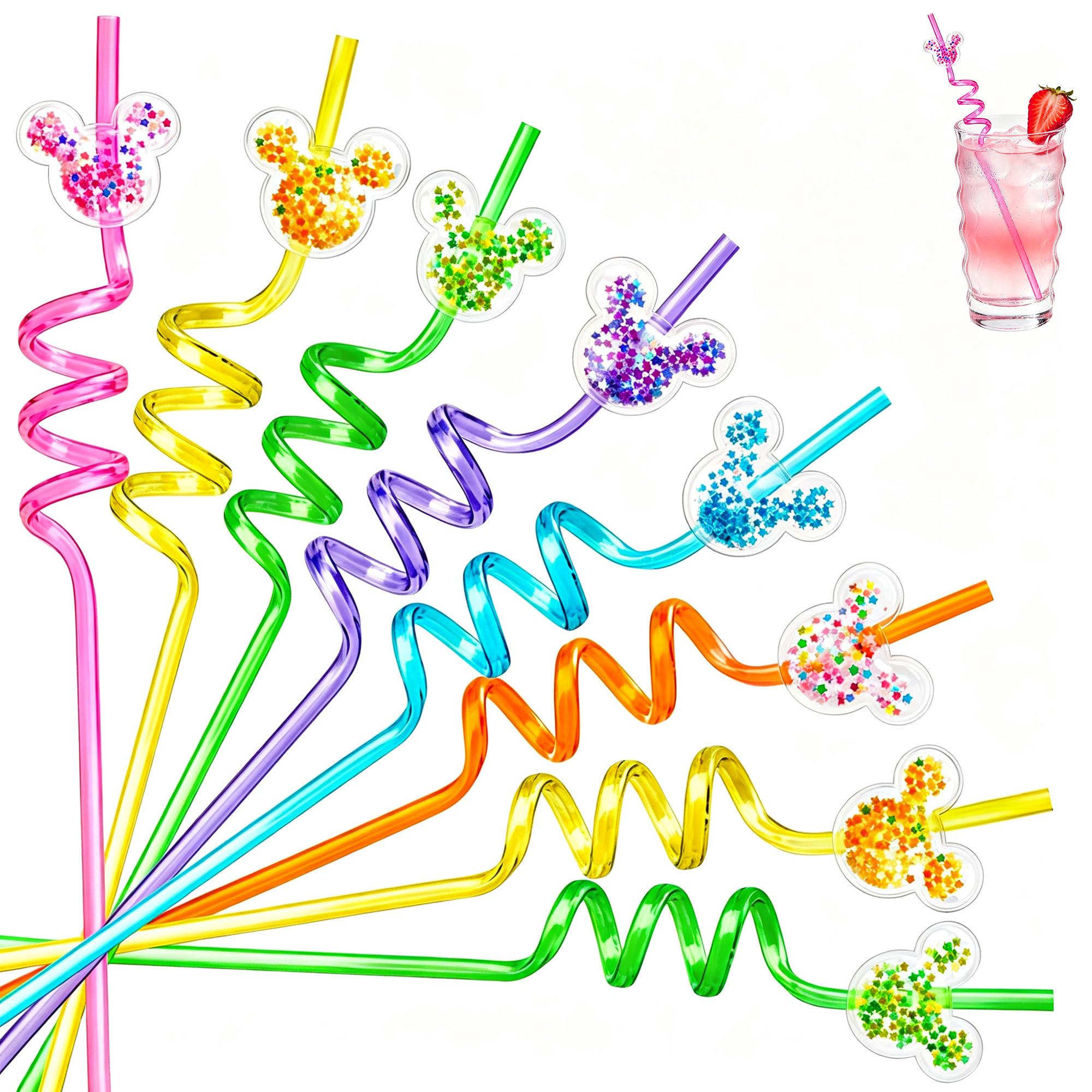 24 PCS Glitter Mouse Ear Straws, Reusable Spiral Crazy Straws