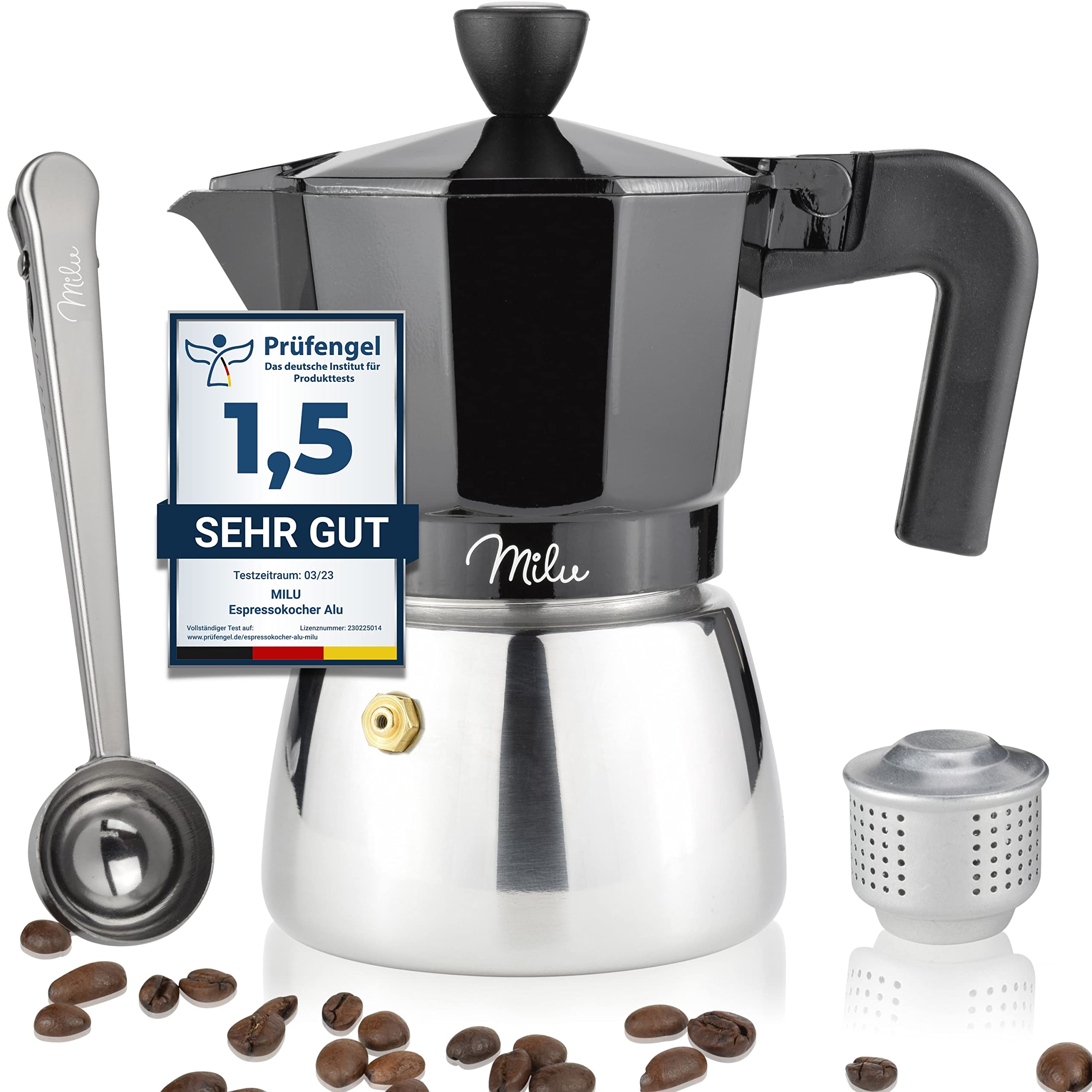 MiluEspresso Maker Suitable for Induction Cookers | 3, 6, 9 Cups | Aluminium Mocha Pot, Stainless Steel Espresso Maker Set Including Spoon, Brush (Black, 6 Cups (300 ml)