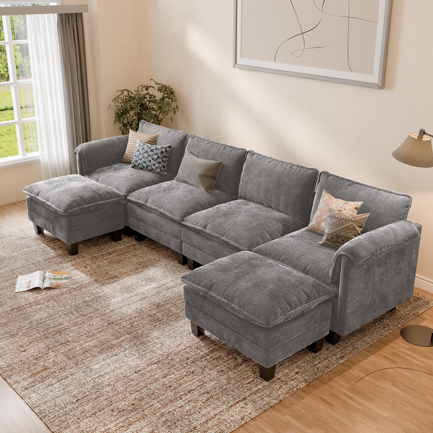 ELUCHANG XXL Wohnlandschaft U-Form, 336cm Breit Modulares Sofa 4-Sitzer, Chenille Couch mit 2 Ottomanen, 62cm Sitztiefe, Schlafsofa-Funktion, Werkzeuglose Montage, Grau Küche, Haushalt & Wohnen