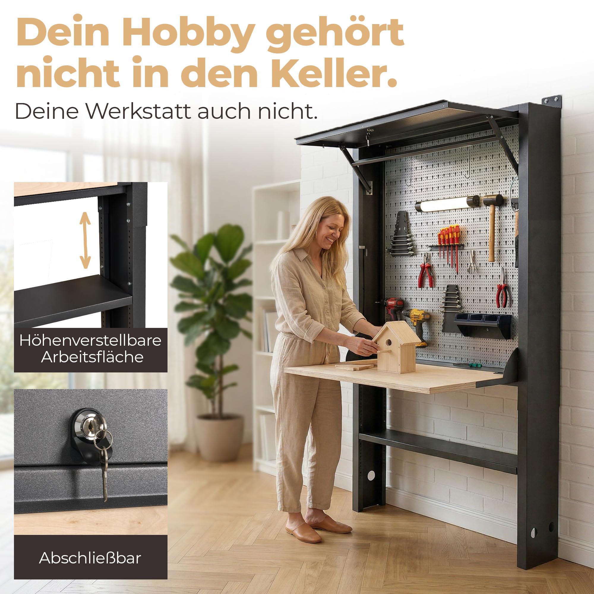 Werkbank für Werkstatt [abschließbar] 75kg Tragkraft, kompakter Arbeitstisch klappbar & höhenverstellbar, LED-Licht & Steckdosenleiste | Stahl-Werkzeugbank für smarte Werkstatteinrichtung