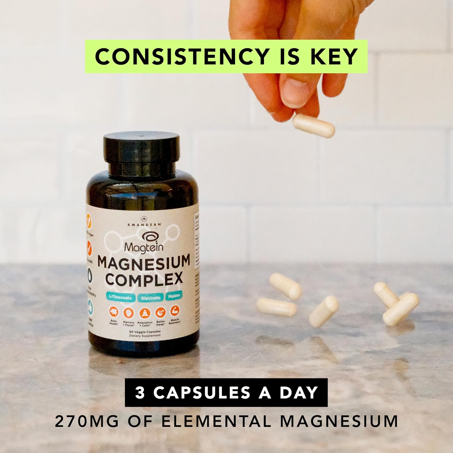AMANDEAN Magtein Magnesium Complex. L-Threonate, Glycinate, Malate Triple Blend Chelated Magnesium Supplement. 90 Veggie Capsules. High Absorption Branded Ingredients. Brain Health, Sleep, Calm*. - Image 6