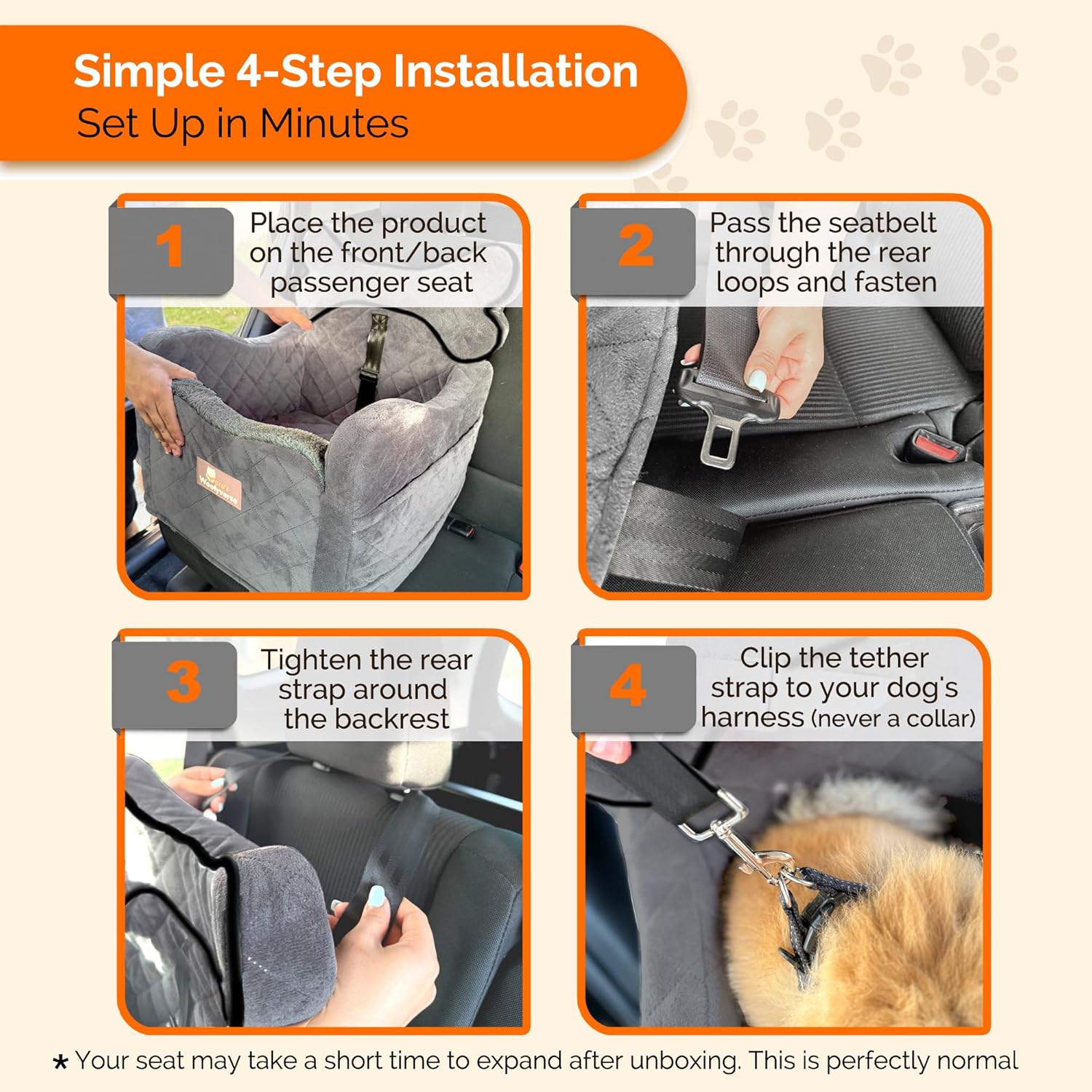 Yara’s Woofyverse Dog Seat for Car – Booster Seat for Small & Medium Dogs with Adjustable Cushions, Fur-Lined Headrest & 6-Pocket Storage – Portable Pet Car Seat for Front/Back Travel – Stone Shadow