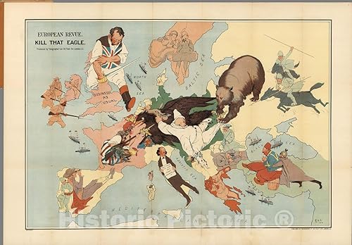 Mapa histórico: mapa de dibujos animados de la zona de guerra europea titulado European Revue. Mata a ese águila. Dibujado por el artista J.H.