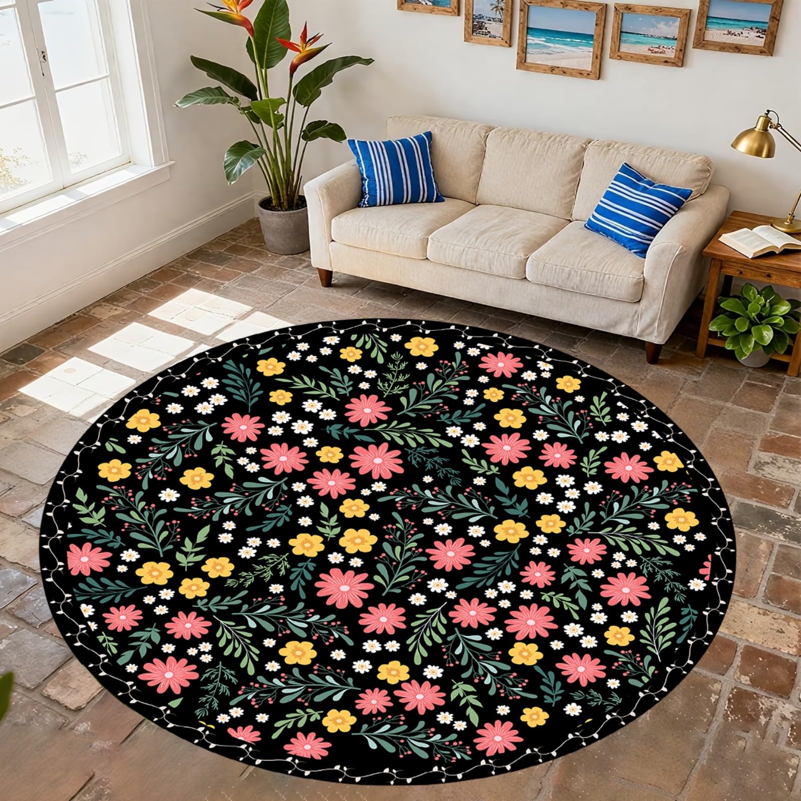 ZLXMN 150cm Black Round Rug,Machine Washable Vintage Large Circle Floral Rugs for Living Room Bedroom Bathroom Multi Non Shedding Non-Slip Floor Carpet Mat