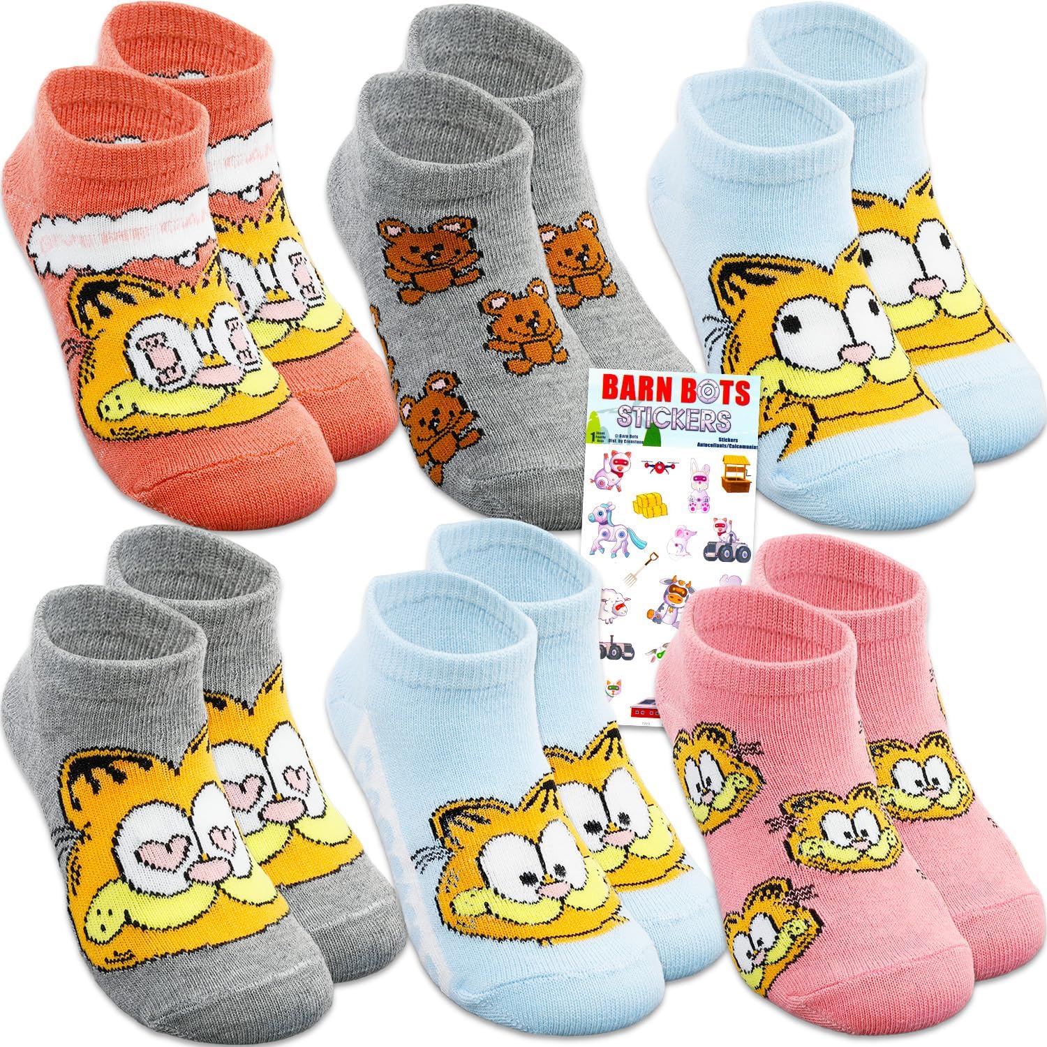 Garfield Socks for Boys Set - Accessories Bundle with 6 Pairs of Socks for Kids Size 7-10, Ages 4-6 Plus Stickers Apparel Set