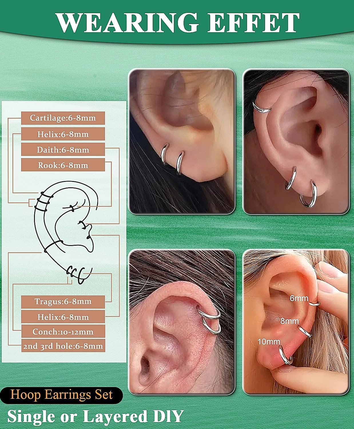 Surgical Steel Huggie Hoop Earrings & Flat Back Studs for Women Men, 6mm-14mm Small Hoops for Cartilage Helix Tragus Lobe, 1-10 Pairs Multiple Piercing Jewelry Set for Sensitive Ears