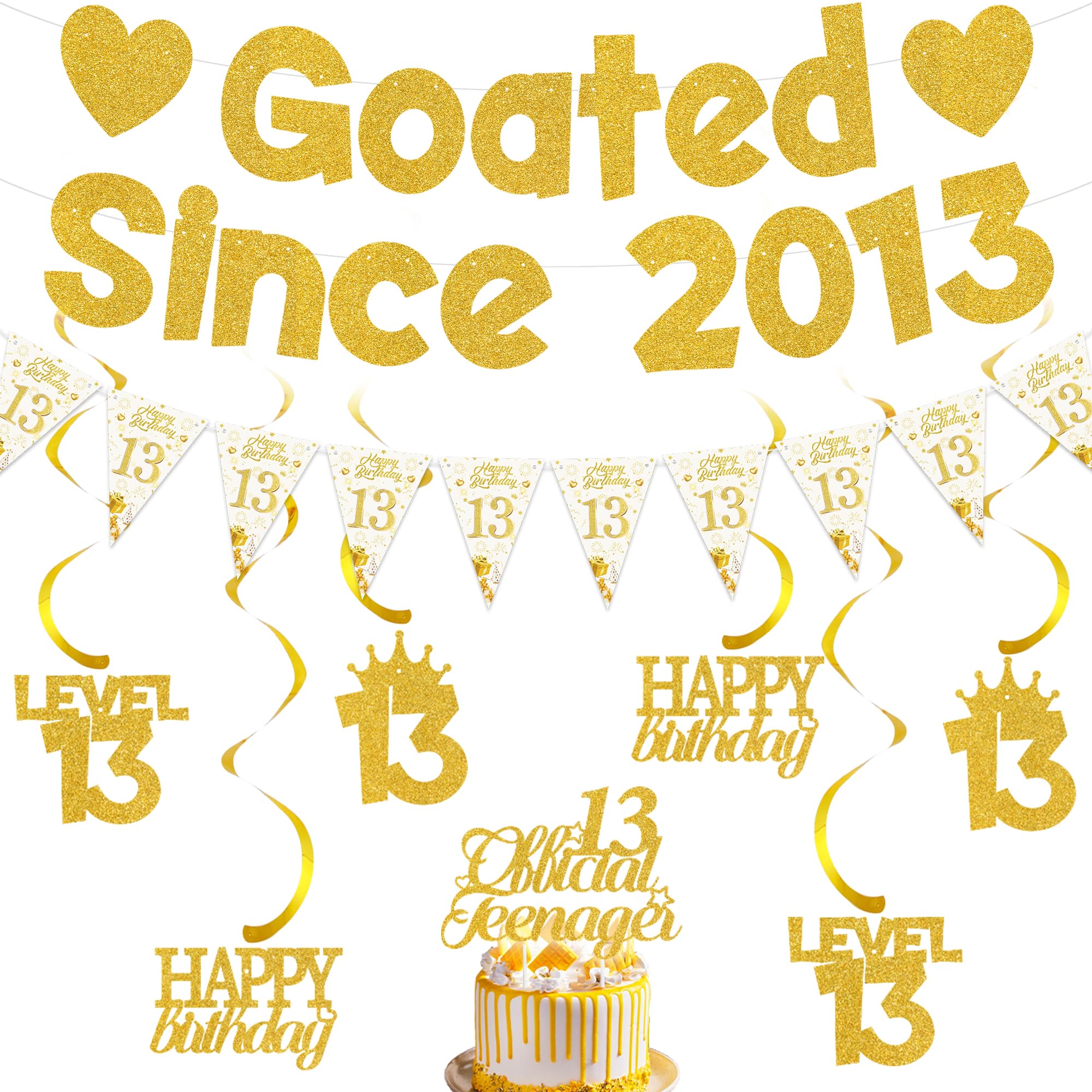 Goated Since 2013 13th Birthday Decorations - Gold Happy 13th Bday Anniversary Banners Decor Set for Boy Girl, 13 Year Old Party with Triangular Bunting Cake Topper Hanging Swirls