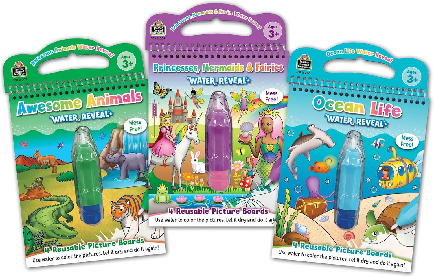 Teacher Created Resources Princesses, Mermaids & Fairies Water Reveal, Awesome Animals Water Reveal, and Ocean Life Water Reveal Bundle