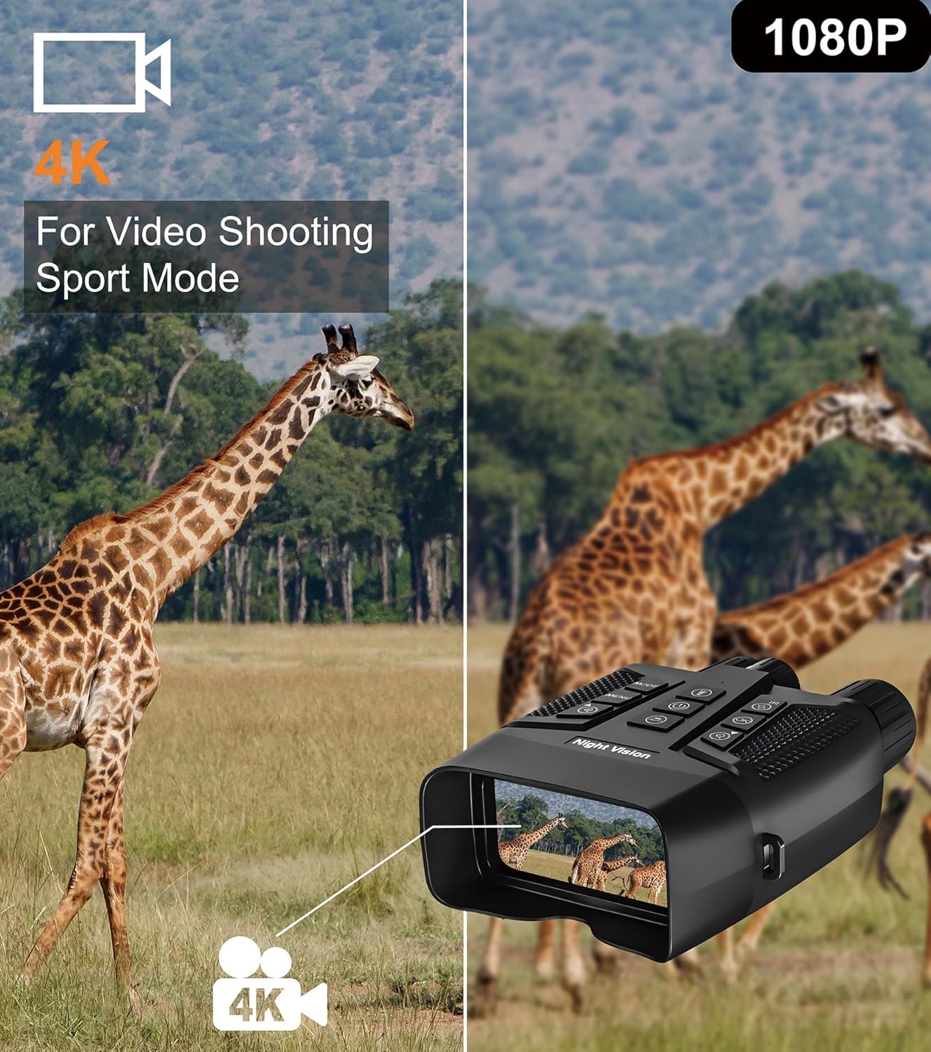 Night Vision Goggles - Eagle 4K Night Vision Binoculars for Adults with Dual-Lens Magnified Display, 3 IR Modes, 8X Zoom, 3'' HD Screen, 5000mAh Battery, 64GB Card, for Outdoor & Hunting, Black