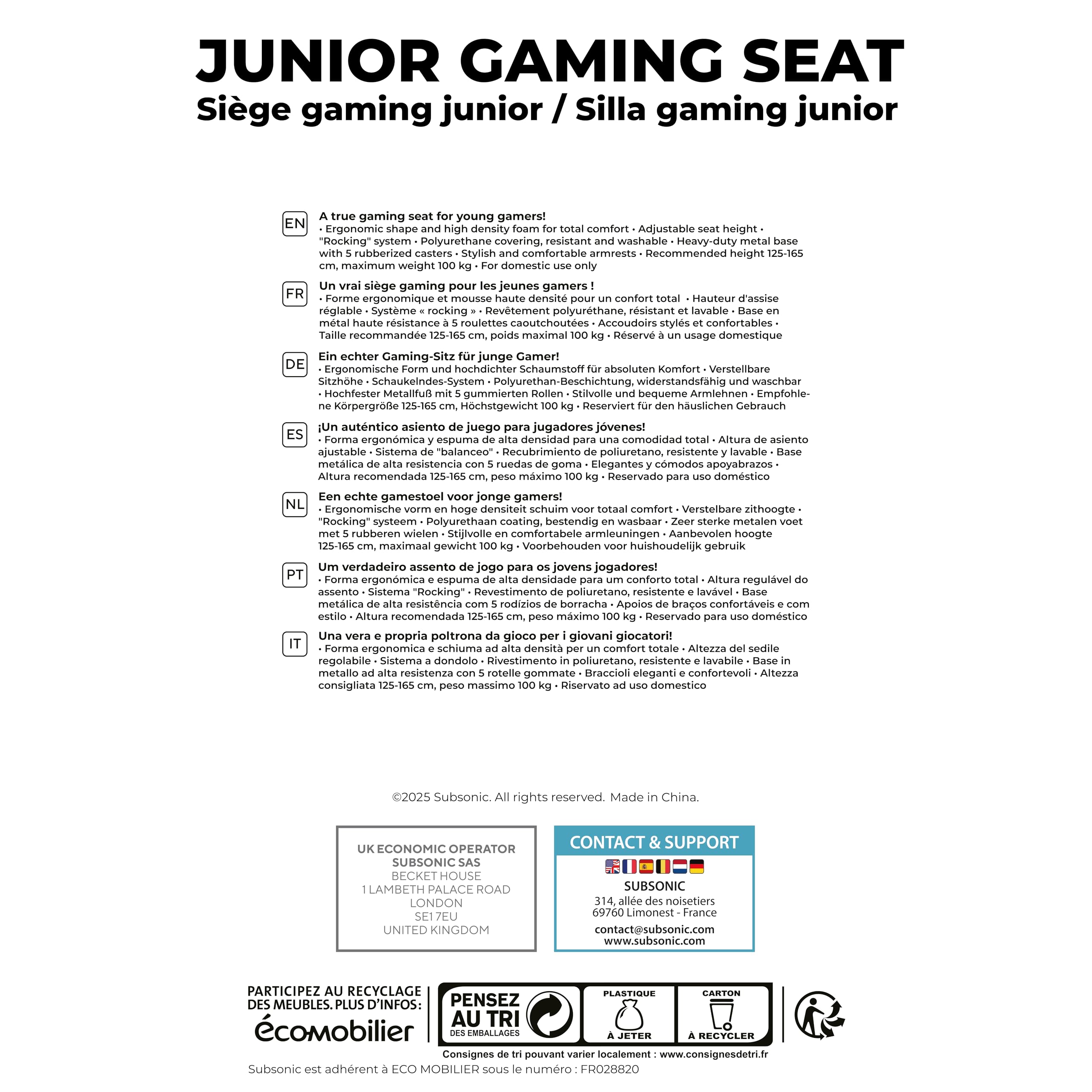 SUBSONIC - Sedia da gaming, sedia da ufficio Superman, sedia da gaming per bambini, comoda seduta a dondolo, poggiatesta e braccioli integrati, schienale ergonomico, altezza regolabile - Blu e rosso