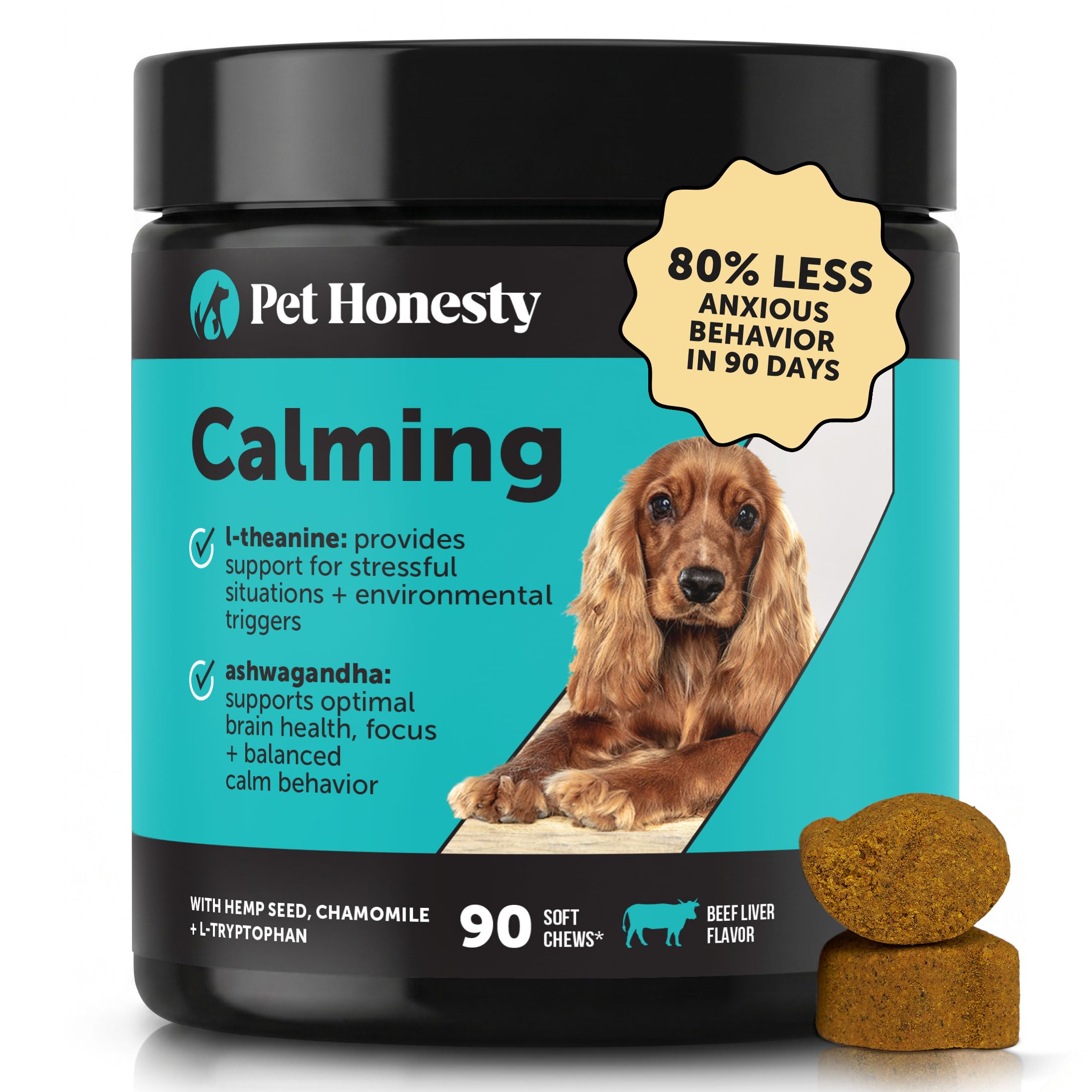 Pet Honesty Cáñamo natural calmante para perros – Alivio de la ansiedad en perros – Calmante con raíz de valeriana, manzanilla + magnesio – Estrés, separación y ayuda a los truenos