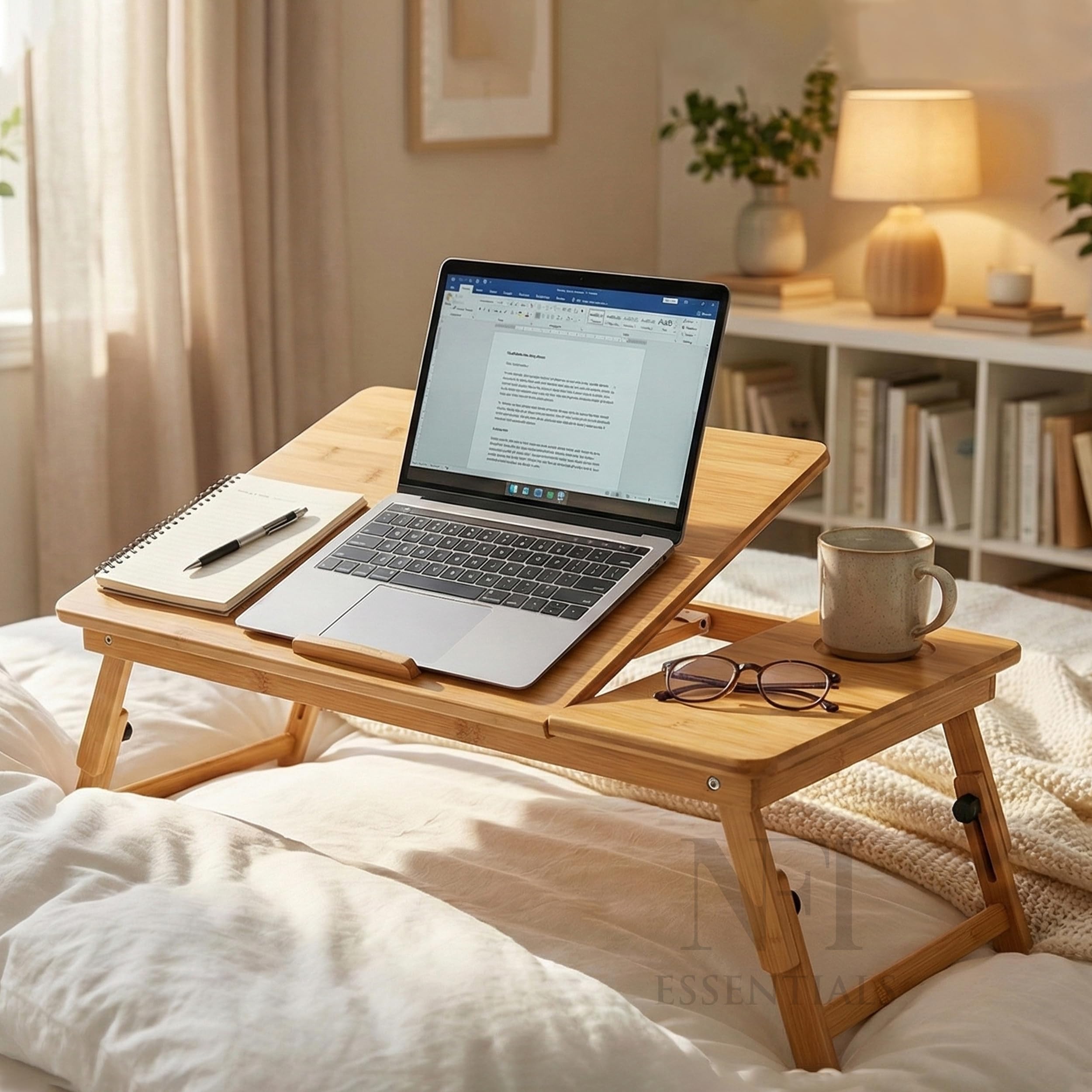 NFI essentials Wooden Foldable Laptop Table, Portable Adjustable Study Table, Writing, Drawing & Activity Table with Adjustable Height, Bamboo Bed Tray (55x35cm) 1