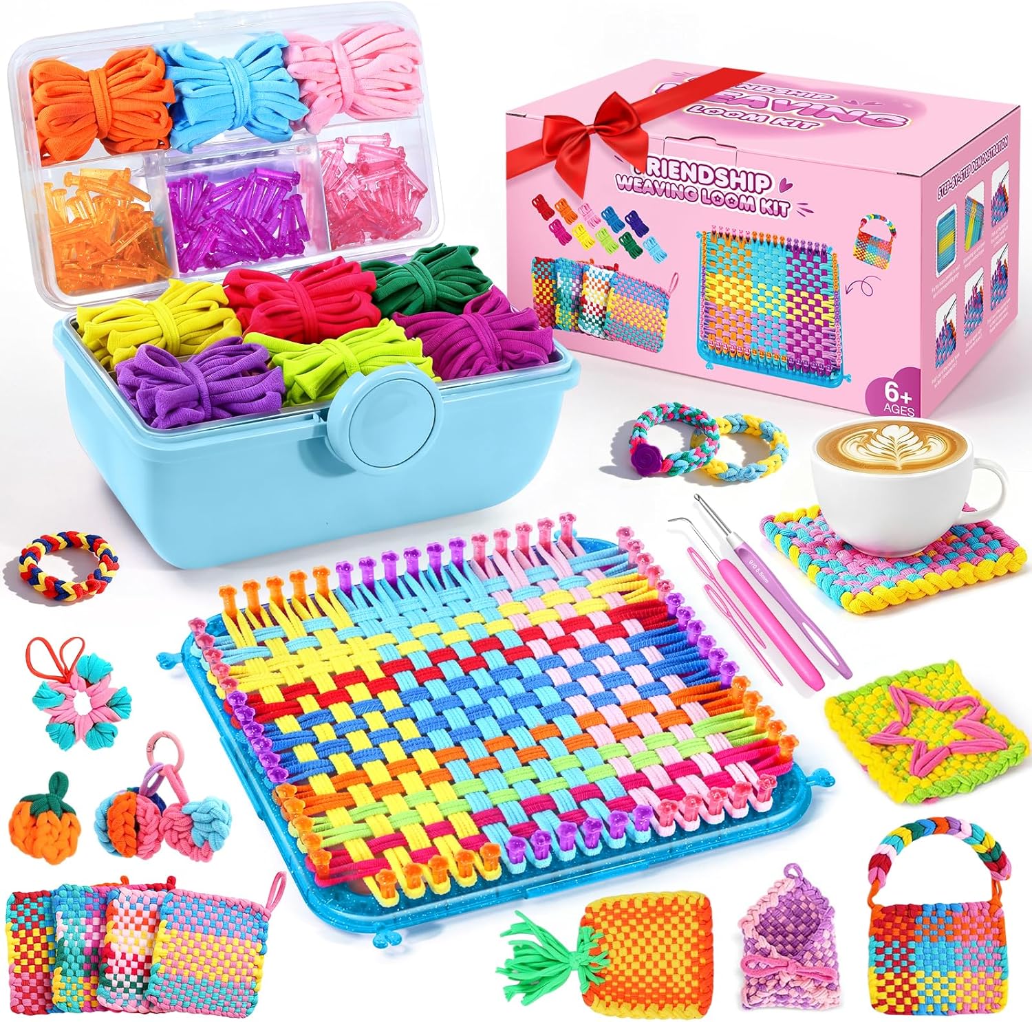 Spardar 450+PCS Weaving Loom, Arts and Crafts with Portable Storage Box, Christmas Birthday Gift, Pot Holder Loom Kit Includes 360 Craft Loops, Knitting Loom Kit for Making Handbag, Blue