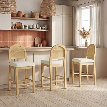 Rattan Counter Height Bar Stools Set of 3, Upholstered Farmhouse Barstools with Natural Rattan Back, Wooden Legs for Kitchen Island, Natural/Linen