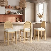 Rattan Counter Height Bar Stools Set of 2, Upholstered Farmhouse Barstools with Natural Rattan Back, Wooden Legs for Kitchen Island, Natural/Linen