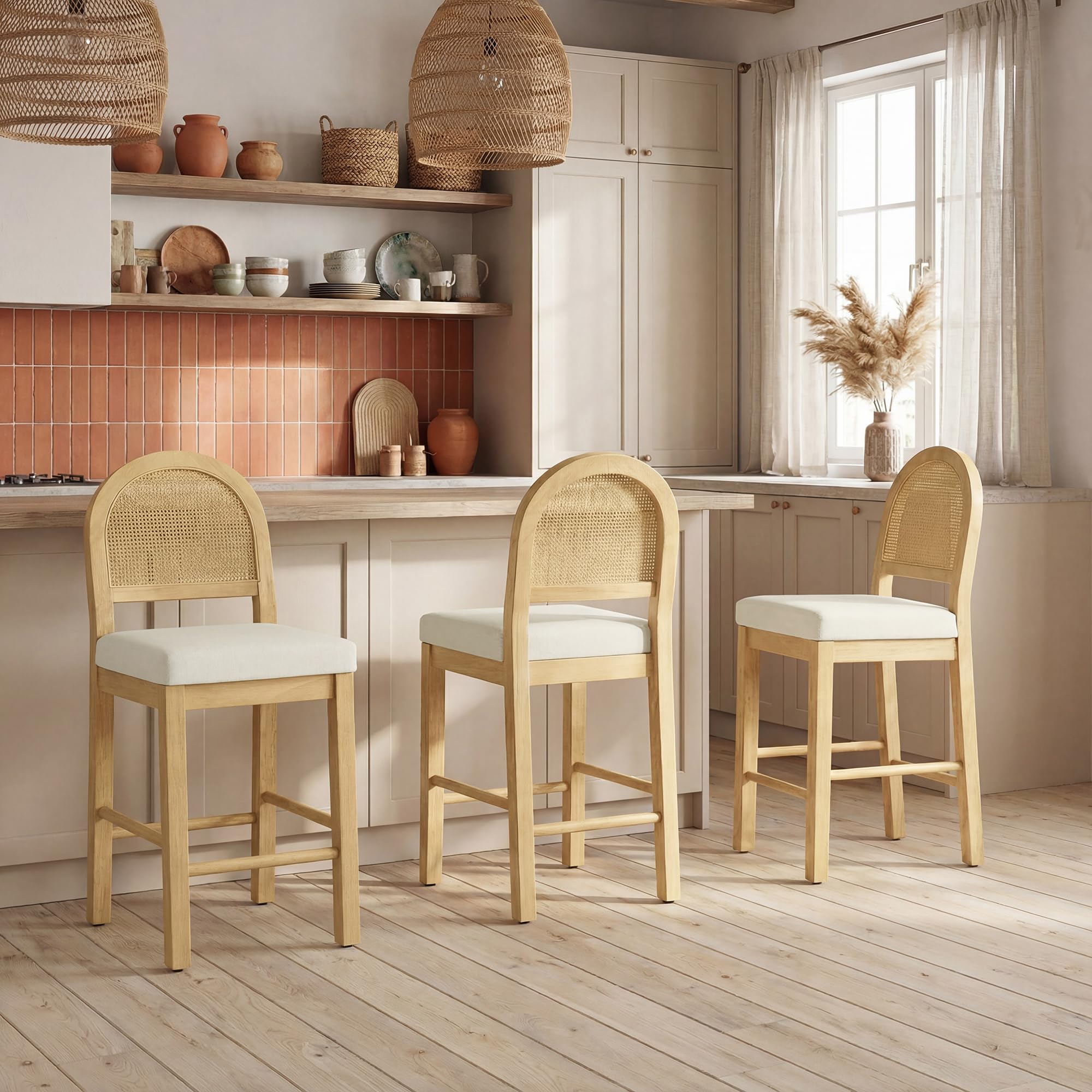 rattan counter height bar stools set of 3, upholstered farmhouse barstools with natural rattan back, wooden legs for kitchen island, natural/linen