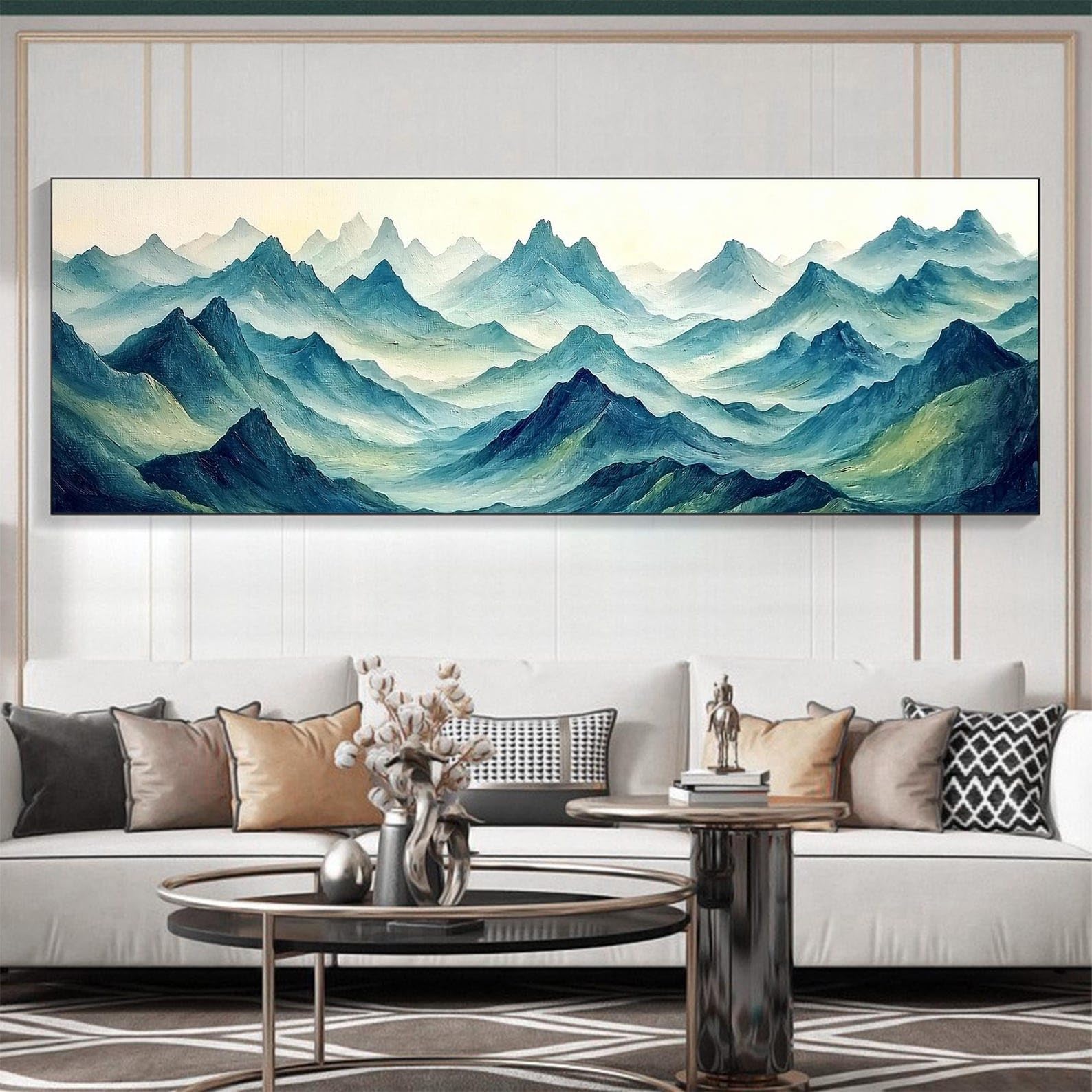 Lmycheng Frameless Abstract Mountain Canvas Oil Painting: Blue Landscape Wall Art, Nordic Style Canvas Prints(65X195cm/Frameless)