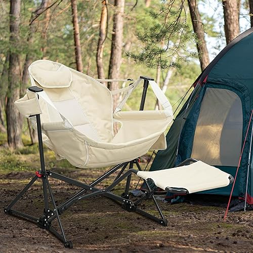 Miniatura 6 de Ainfox Silla de camping hamaca con reposapiés, mecedoras portátiles plegables para adultos al aire libre, campamento oscilante con soporte para