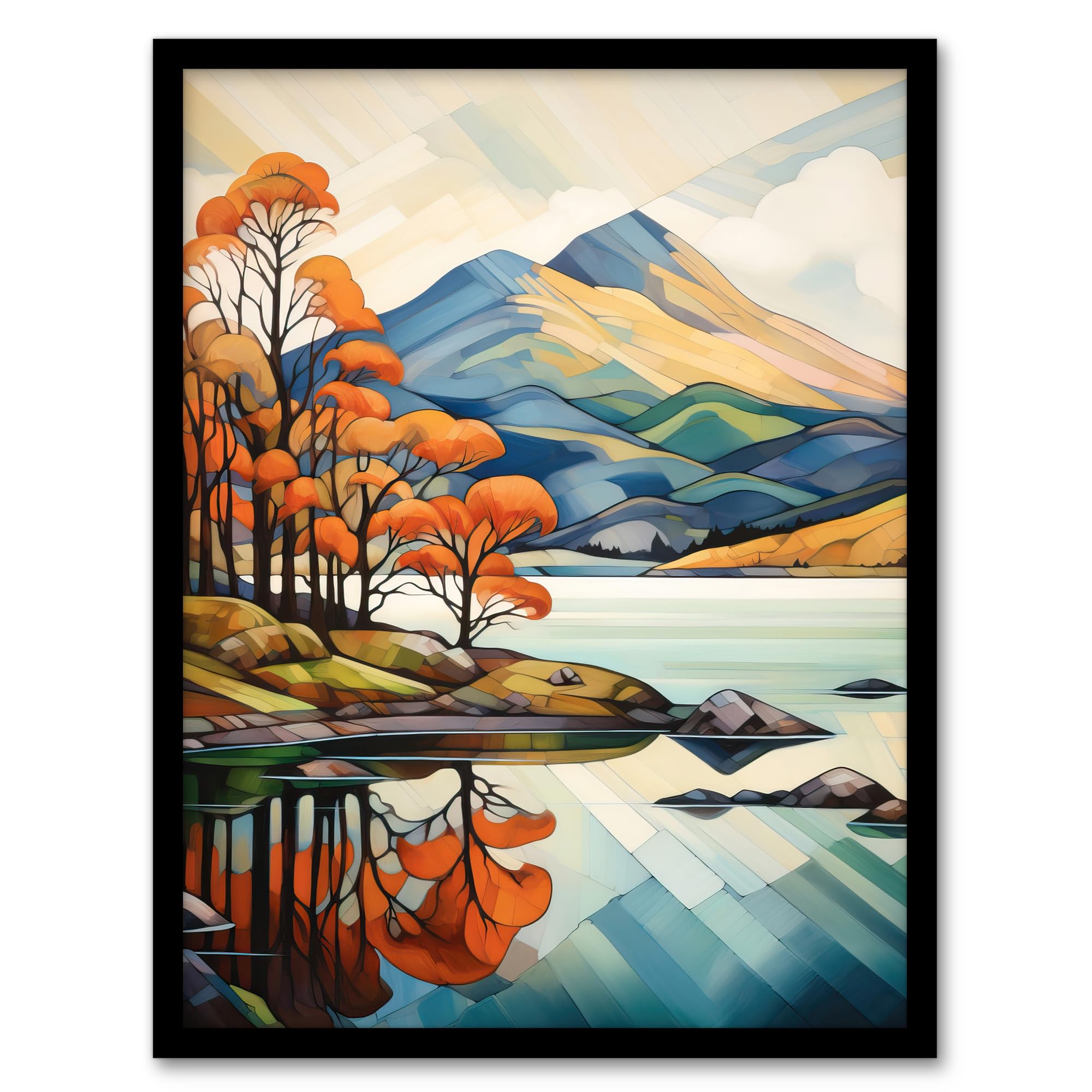 Artery8 In The Shadow Of Ben Lomond Loch Reflections Autumn Scotland Artwork Painting Artwork Framed Wall Art Print 18X24 Inch