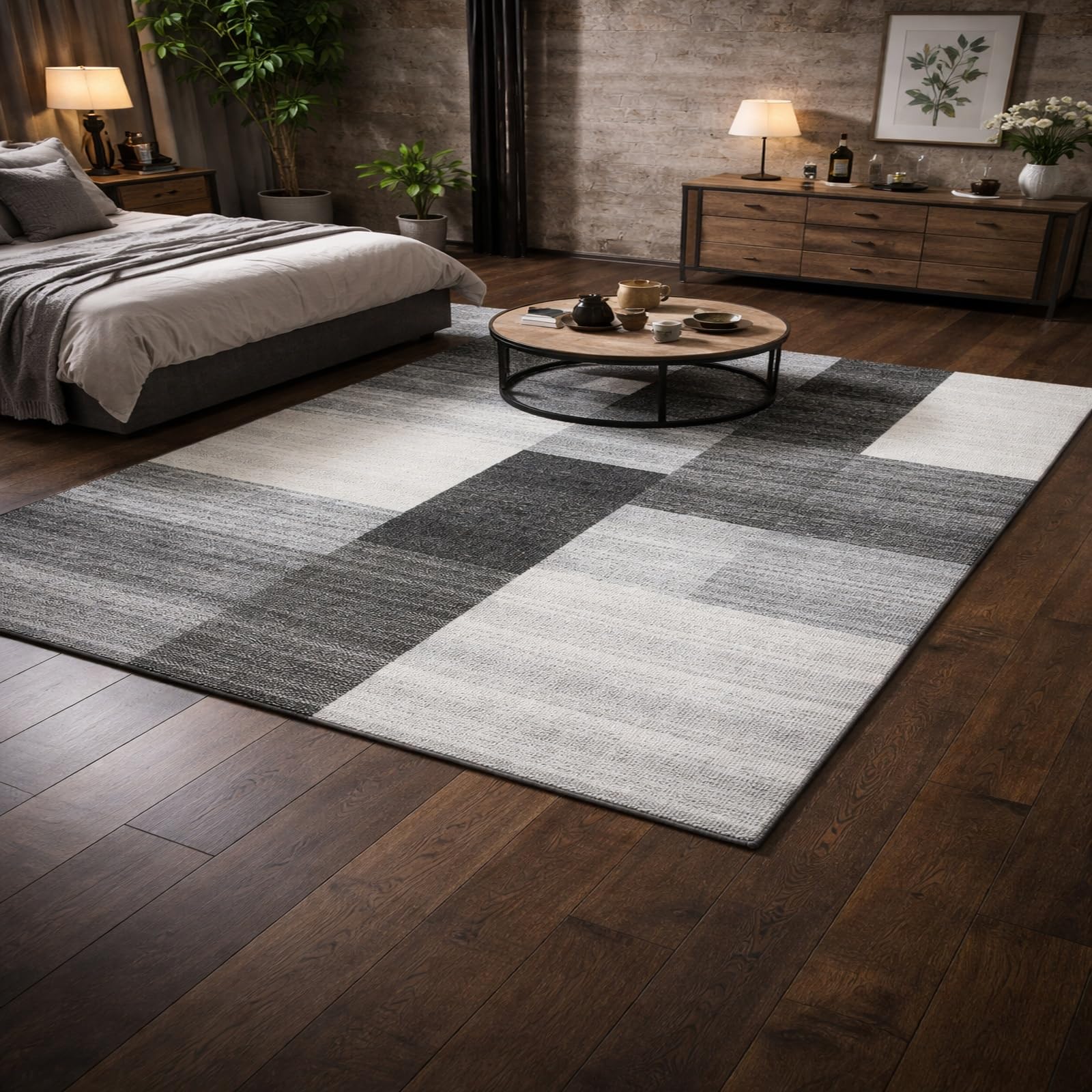 Tapis rectangle salon abstrait gris au design moderne haut de gamme