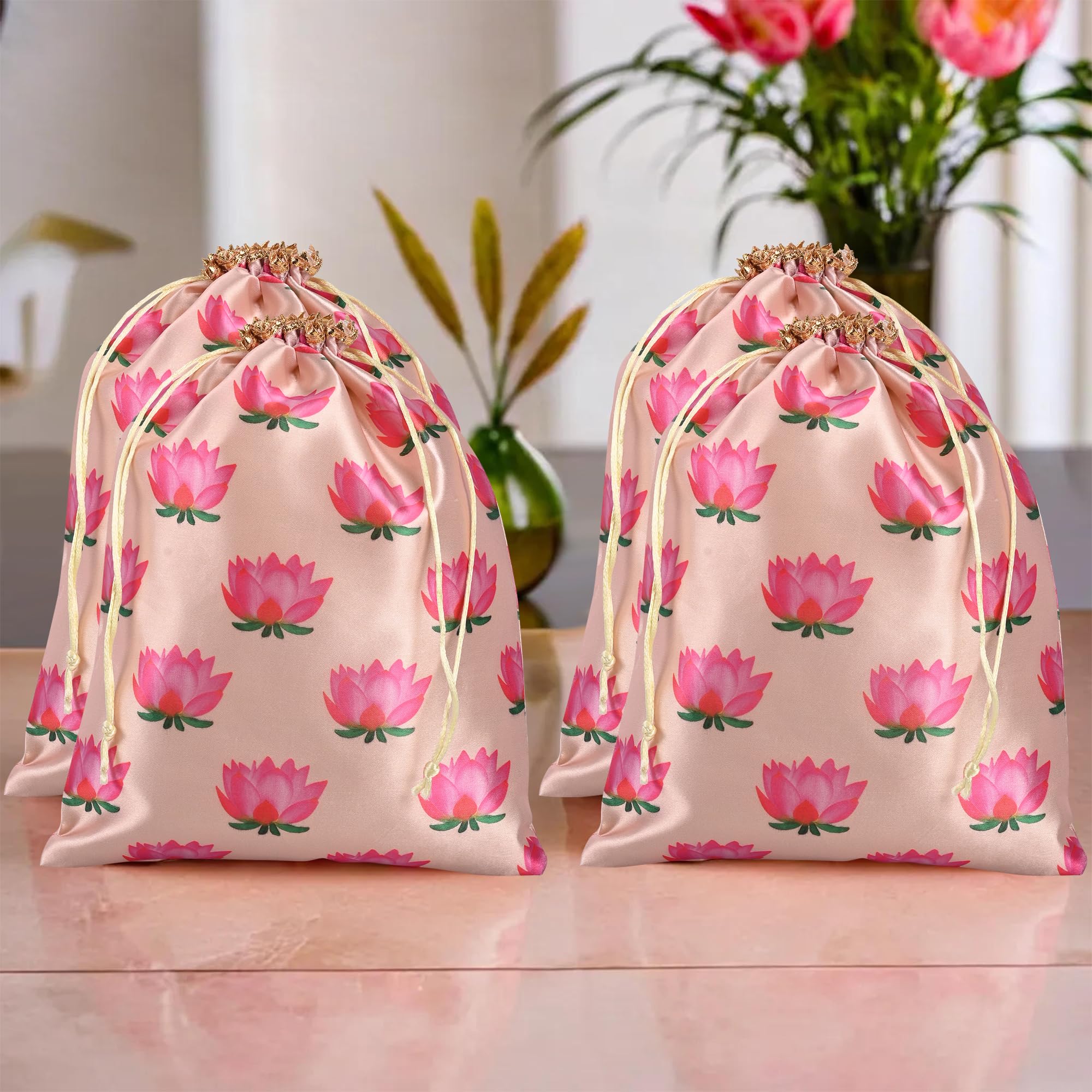 Heart Home Pack of 4 Potli Bags | 9x12 Inch | Potli Bags for Return Gifts | Wedding-Party Bags | Drawstring Closure Potli | Wallet Potli | Baby Shower Potli | Lotus Print | Cream (B0D4YJCNY4) Amazon Price History, Amazon Price Tracker