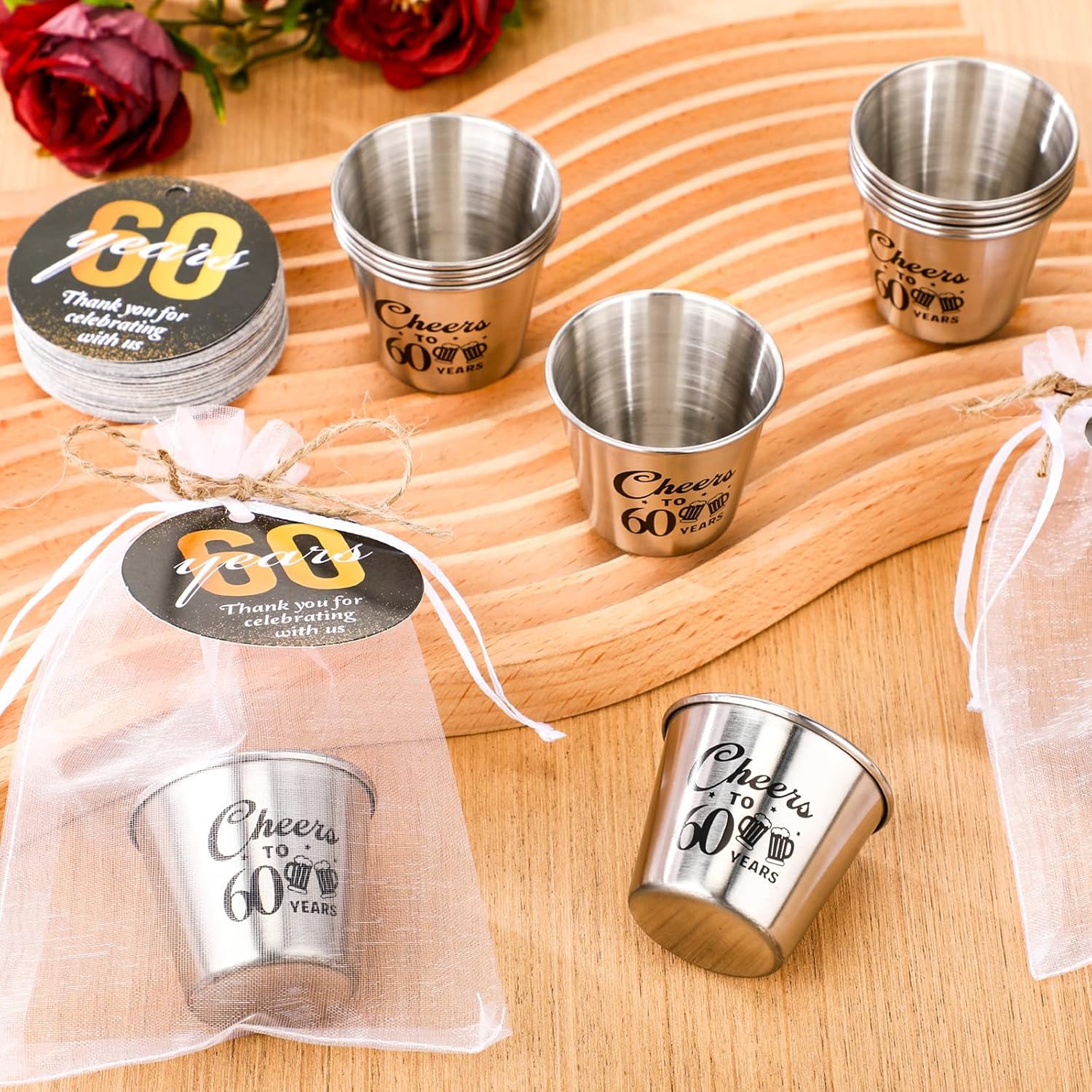 50 Sets 60th Birthday Party Favors for Guests Souvenir Shot Glasses Cheers to 50 Year Stainless Steel Shot Glasses Thank You Tag Organza Bag Twine Birthday Gift for Anniversary Wedding Shower