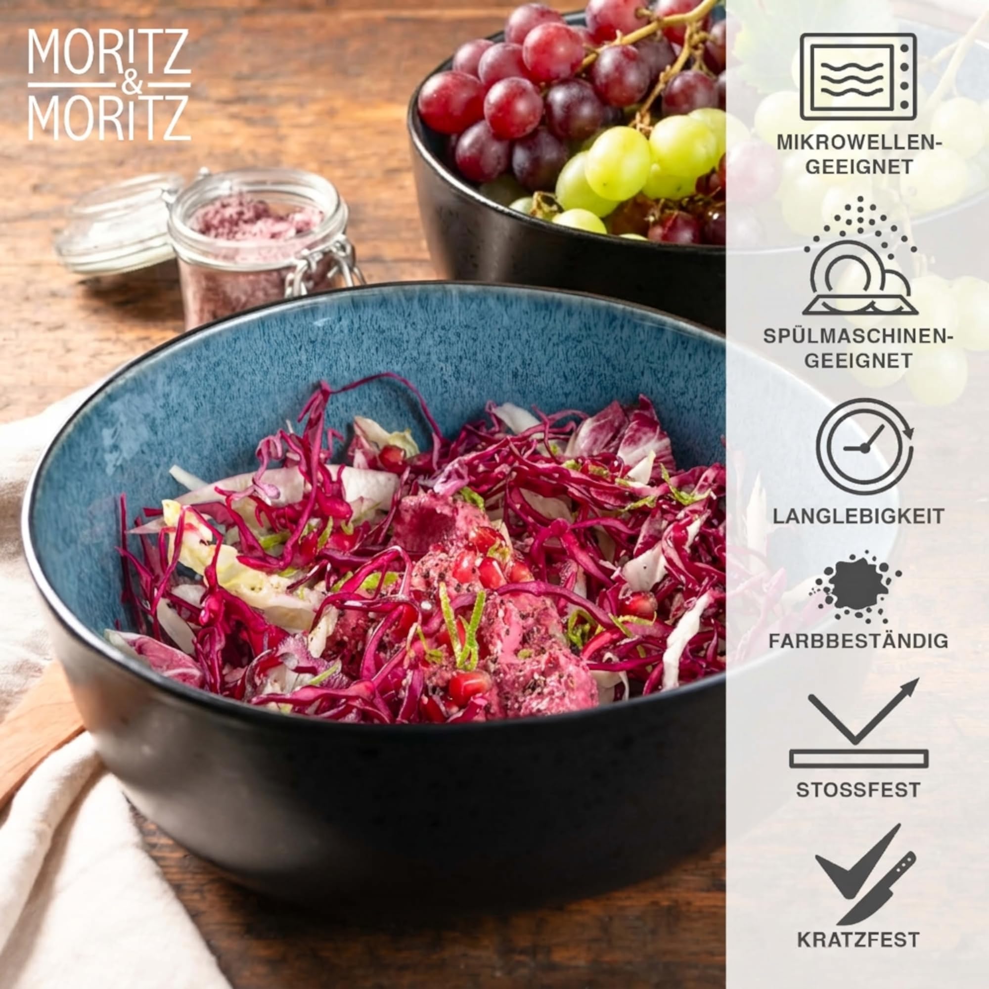 Moritz & Moritz Organic Lot de 2 grands bols de service bleus en grès de qualité supérieure, modernes et intemporels, passent au micro-ondes et au lave-vaisselle, parfaits pour les salades, les pâtes
