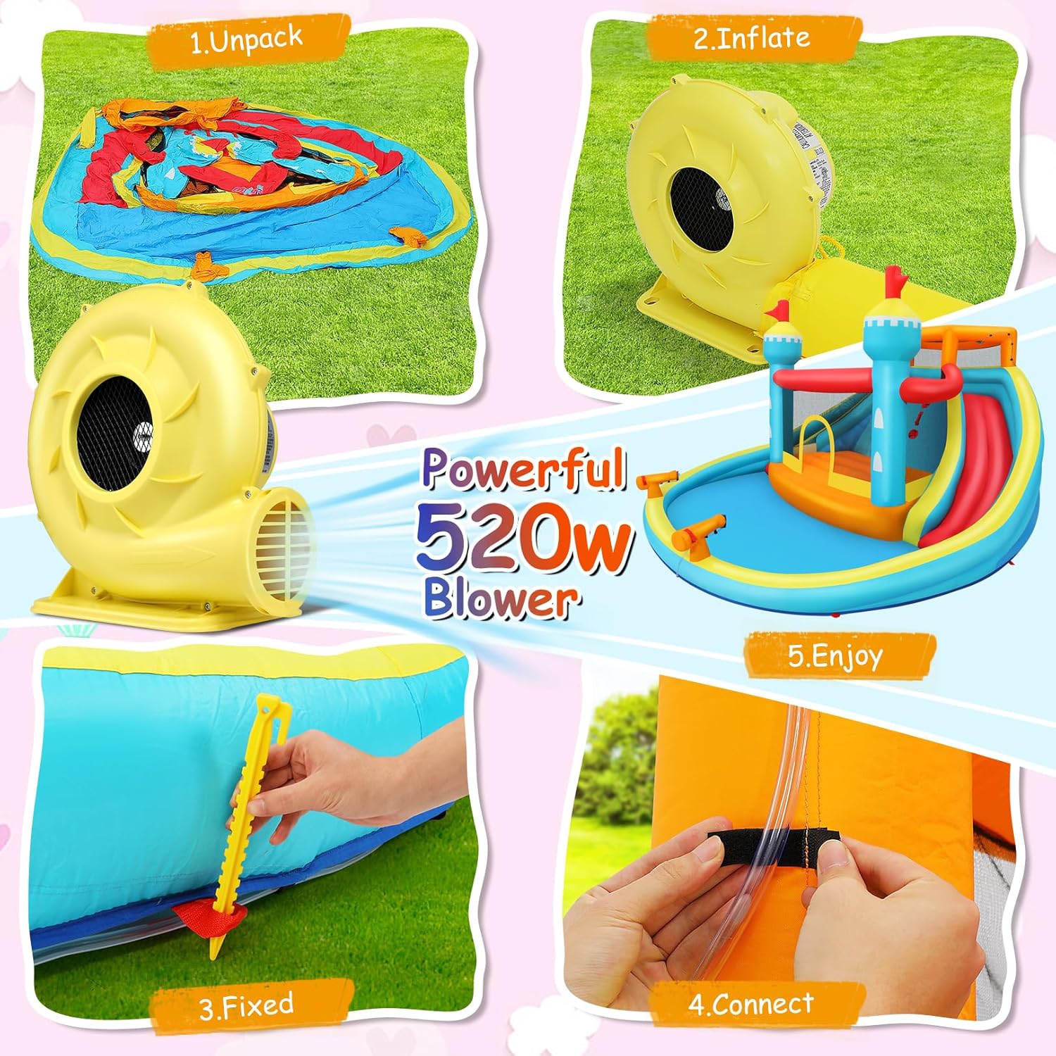 Inflatable Water Slide 10 in 1 Water Park with Splash Pool, Jump Area, 2 Water Slide, Climbing Wall, 2 Water Cannon, Dual Top Sprayer & 520W Blower for Outdoor Backyard (Blue-Orange)